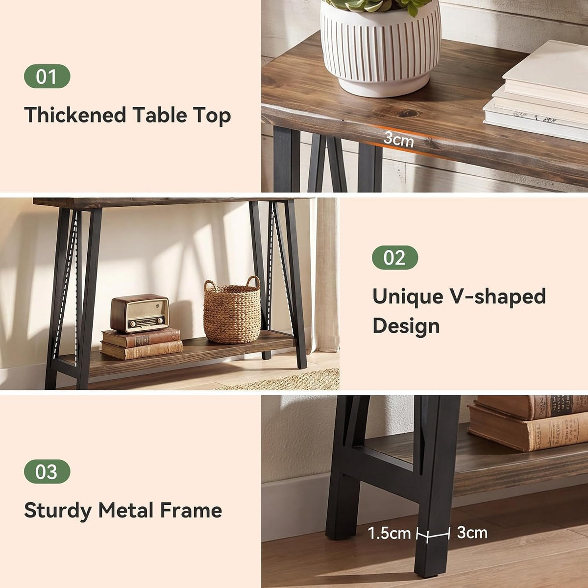 Tribesigns 105 cm consolentafel massief hout natuurrand, industrieel 2-laags frame met opbergplank in hal en woonkamer