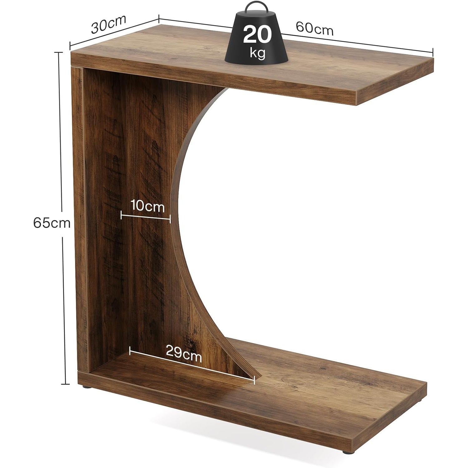 C-vormige Bijzettafel van Hout, Smalle Rustieke Tafel met Dienblad voor Woonkamer