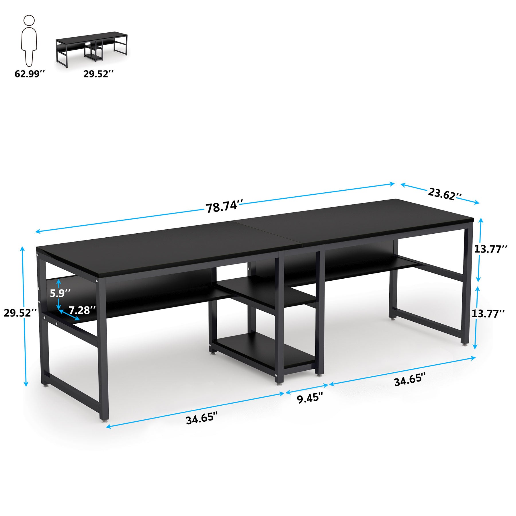 200 cm Lengte Tweepersoons Bureau, Met Geïntegreerde Boekenplank