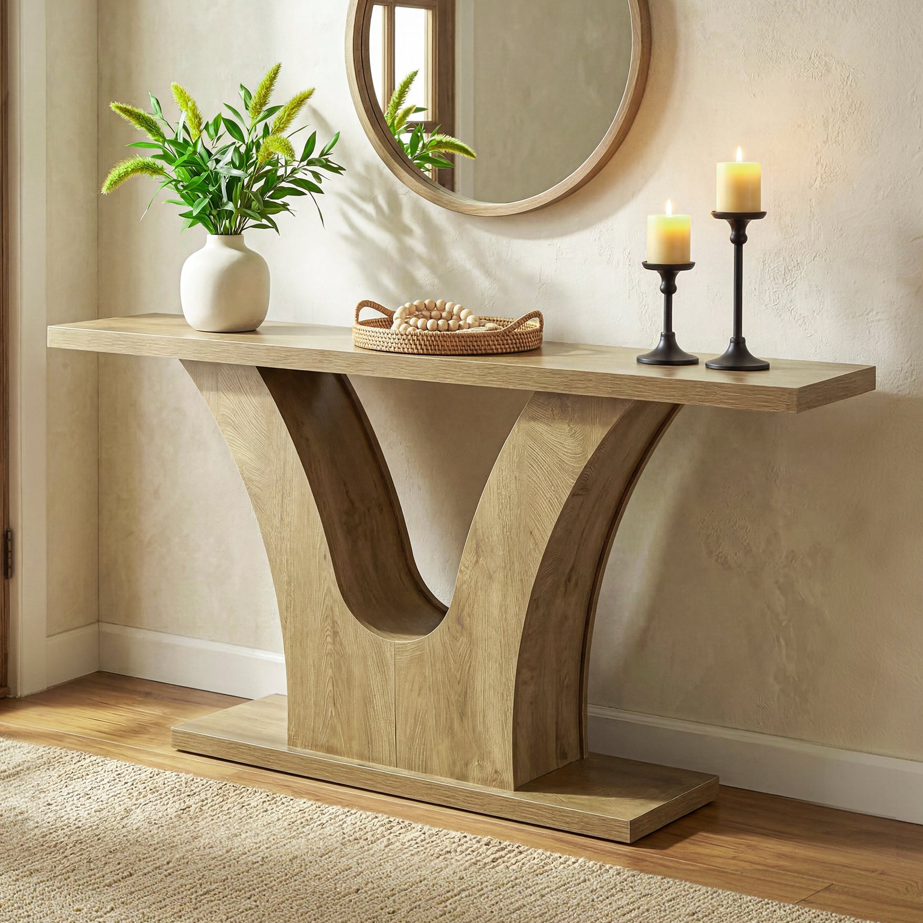 160 cm Smalle Consoletafel met 2 Niveaus Opbergruimte, Landelijke Sofa Tafel met V-Vorm Onderstel