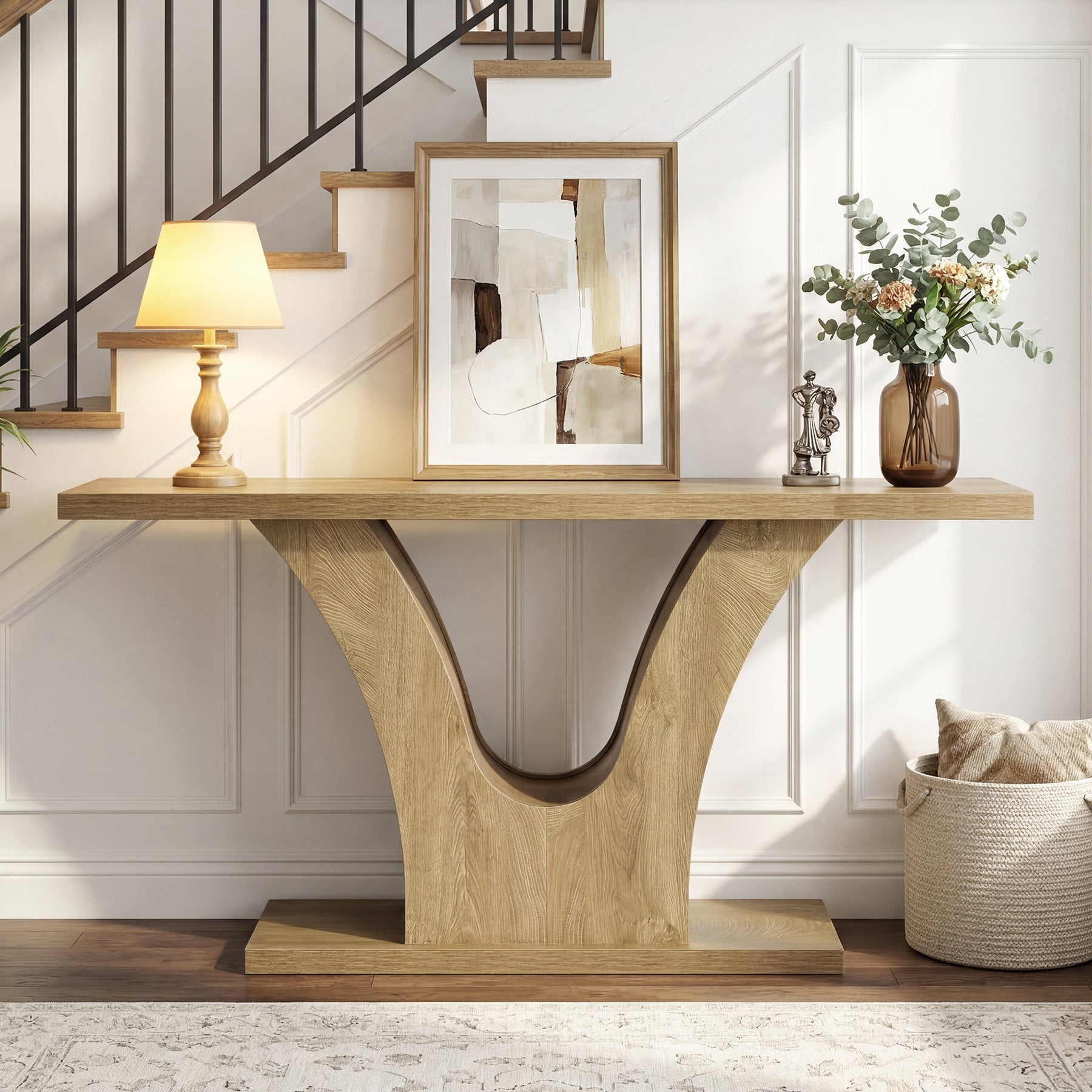 160 cm Smalle Consoletafel met 2 Niveaus Opbergruimte, Landelijke Sofa Tafel met V-Vorm Onderstel
