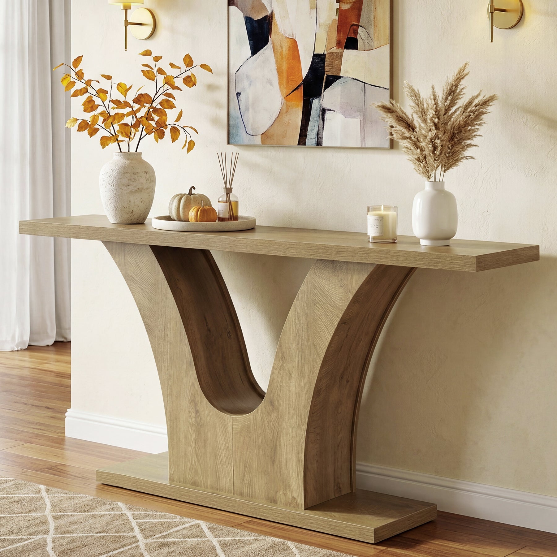 160 cm Smalle Consoletafel met 2 Niveaus Opbergruimte, Landelijke Sofa Tafel met V-Vorm Onderstel