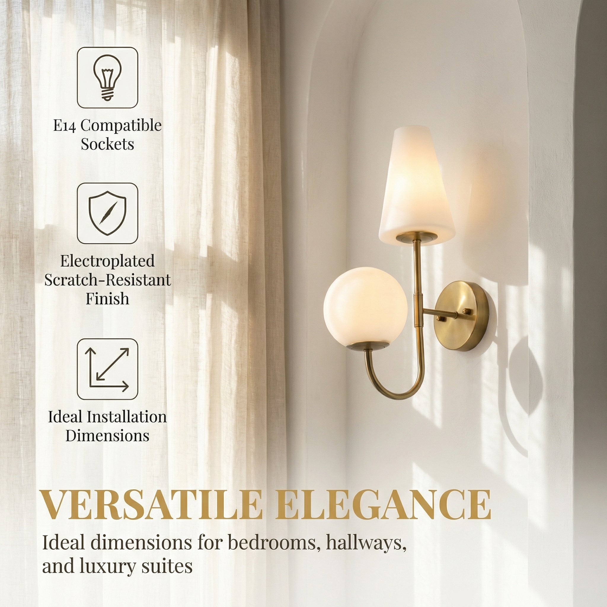 Gouden Wandlamp met Melkglazen Kap, Vintage Wandleuchte voor Slaapkamer