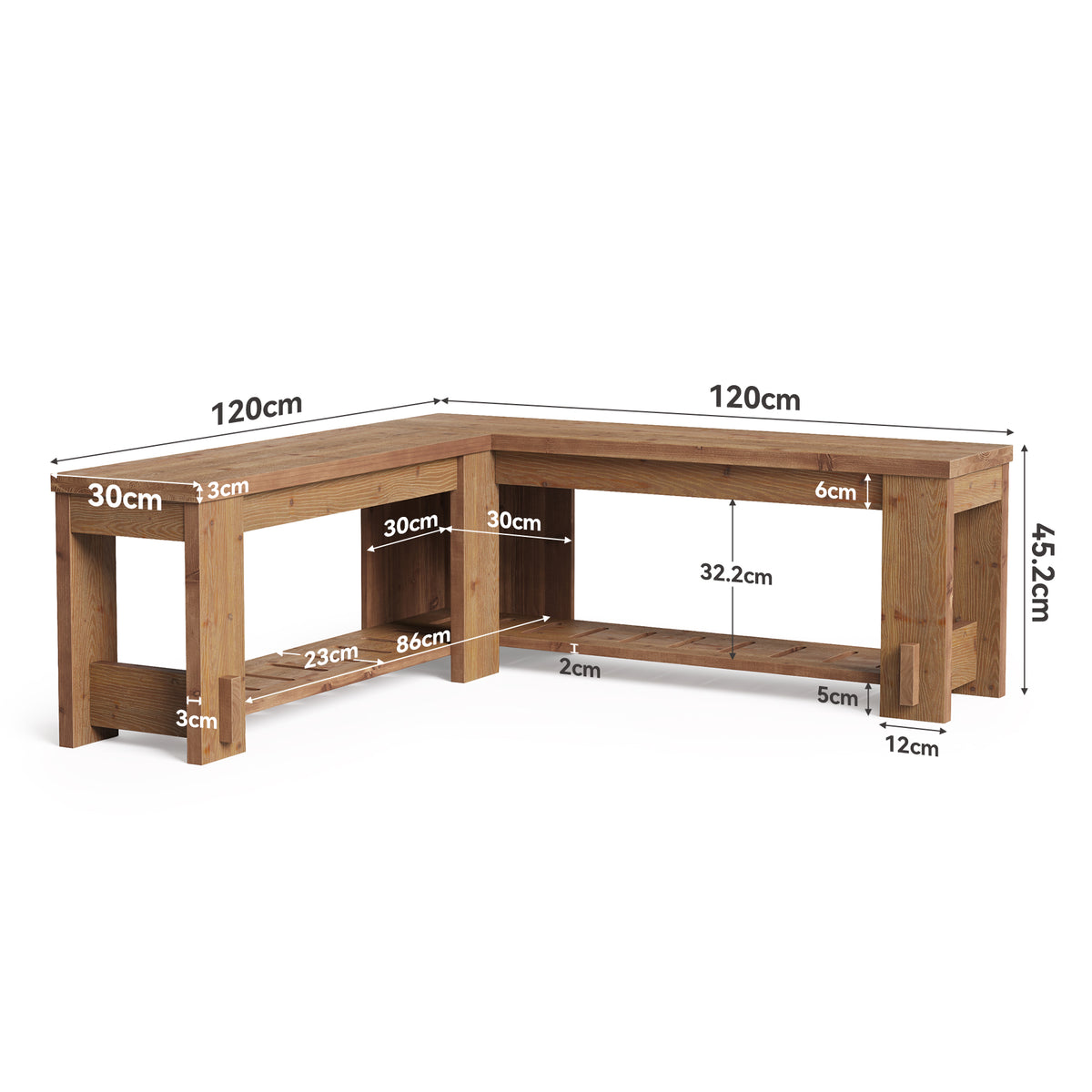 Tribesigns 120 x 45 cm L-vormige schoenenbank, massief hout met ruime open opbergplank voor hal en entree