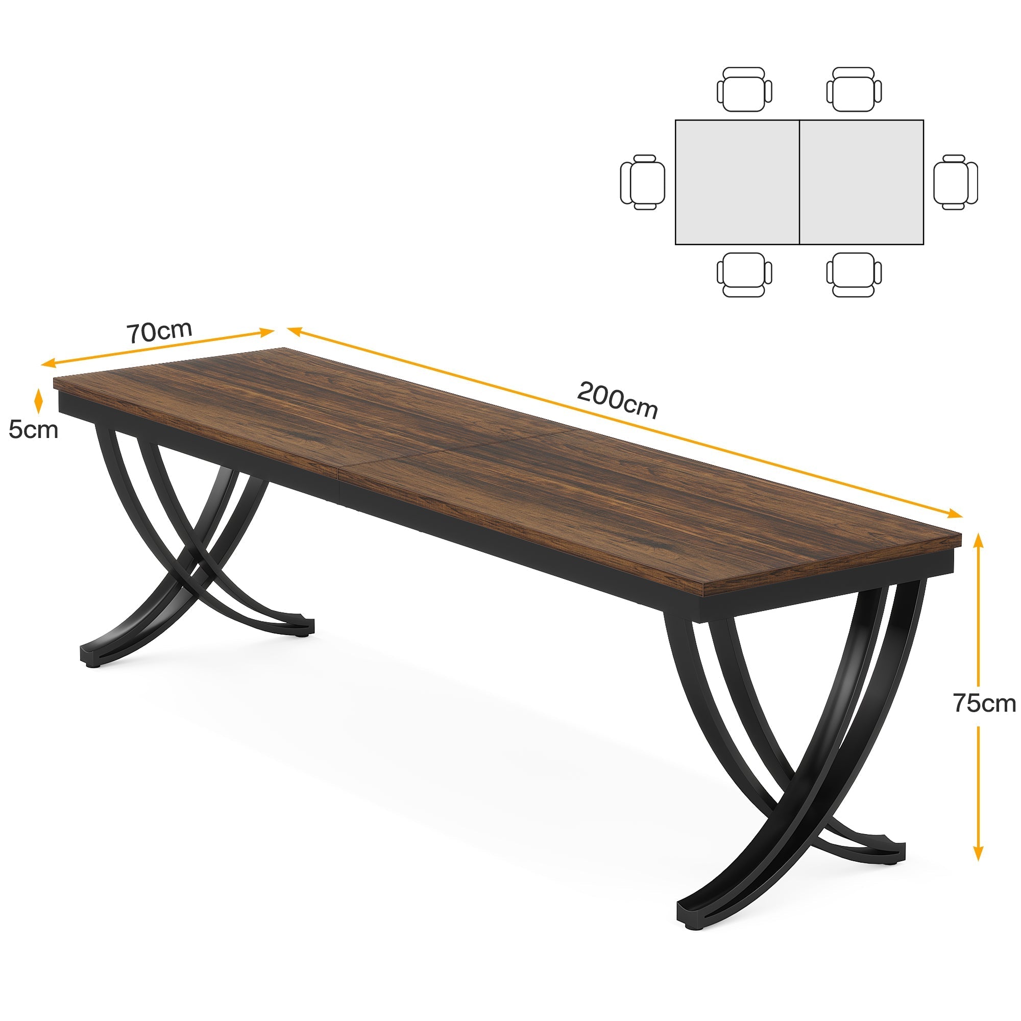 200 cm Landelijke Eettafel, Grote Houten Tafel met Metalen Poten voor Zes tot Acht Personen