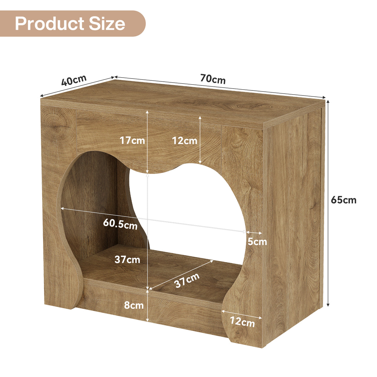 70 cm Tribesigns houten bijzettafel met 2 opbergniveaus en gebogen openingen, smalle tafel in warme houtlook voor woonkamer en slaapkamer