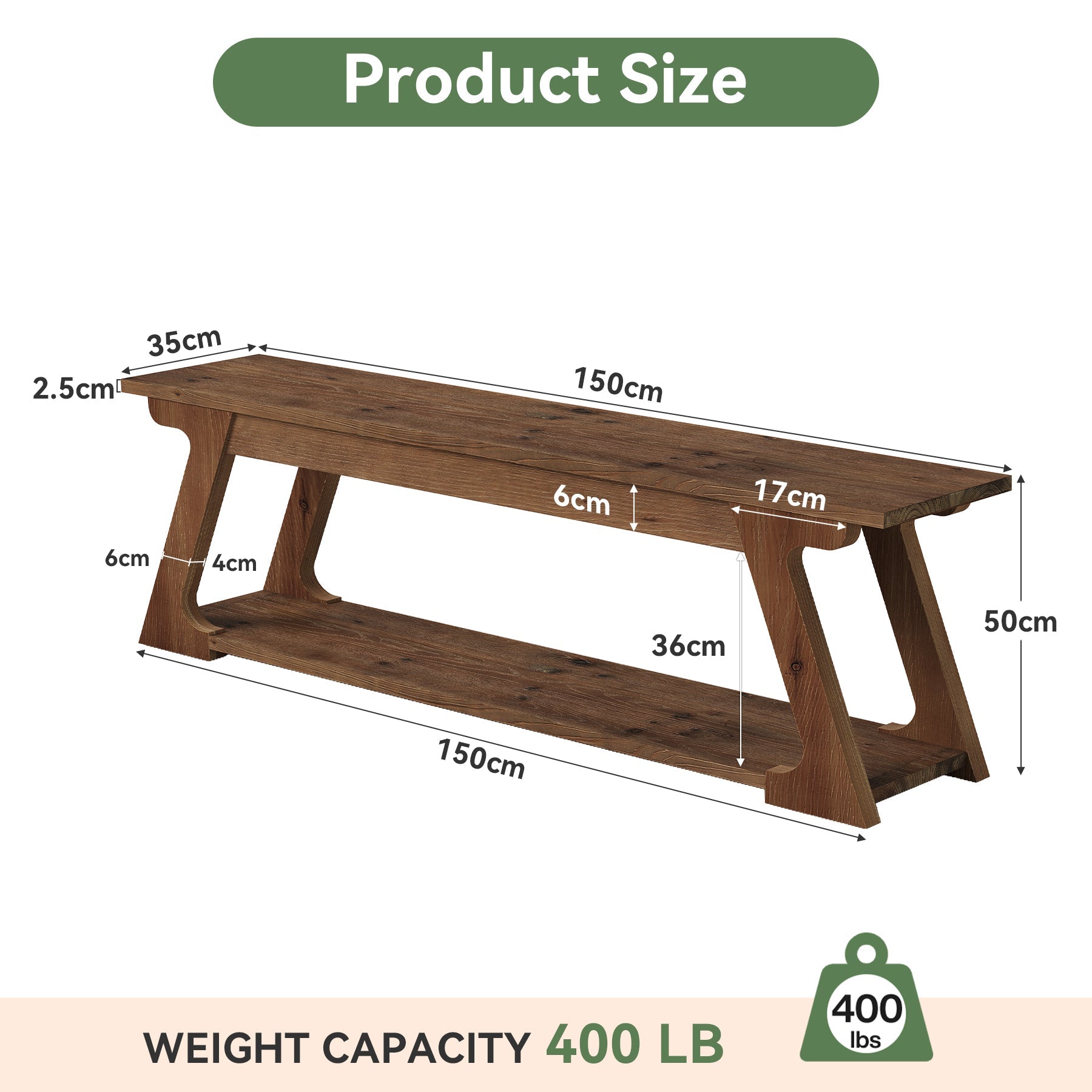 Tribesigns massief houten zitbank 150 cm met plank, landelijke halbank van massief hout