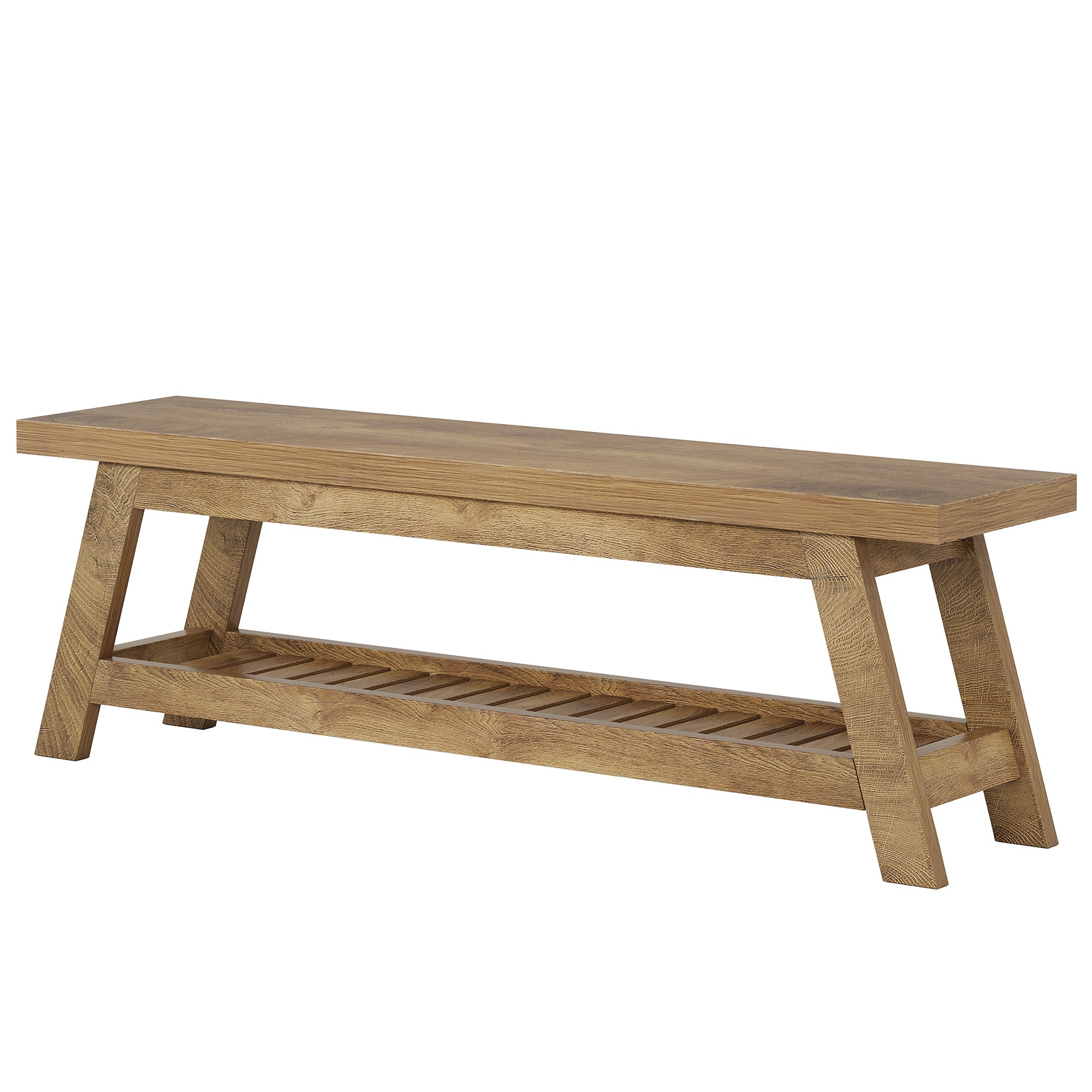 140 cm Houten Halbank met Opbergruimte, Smalle Schoenenbank met 2 Planken