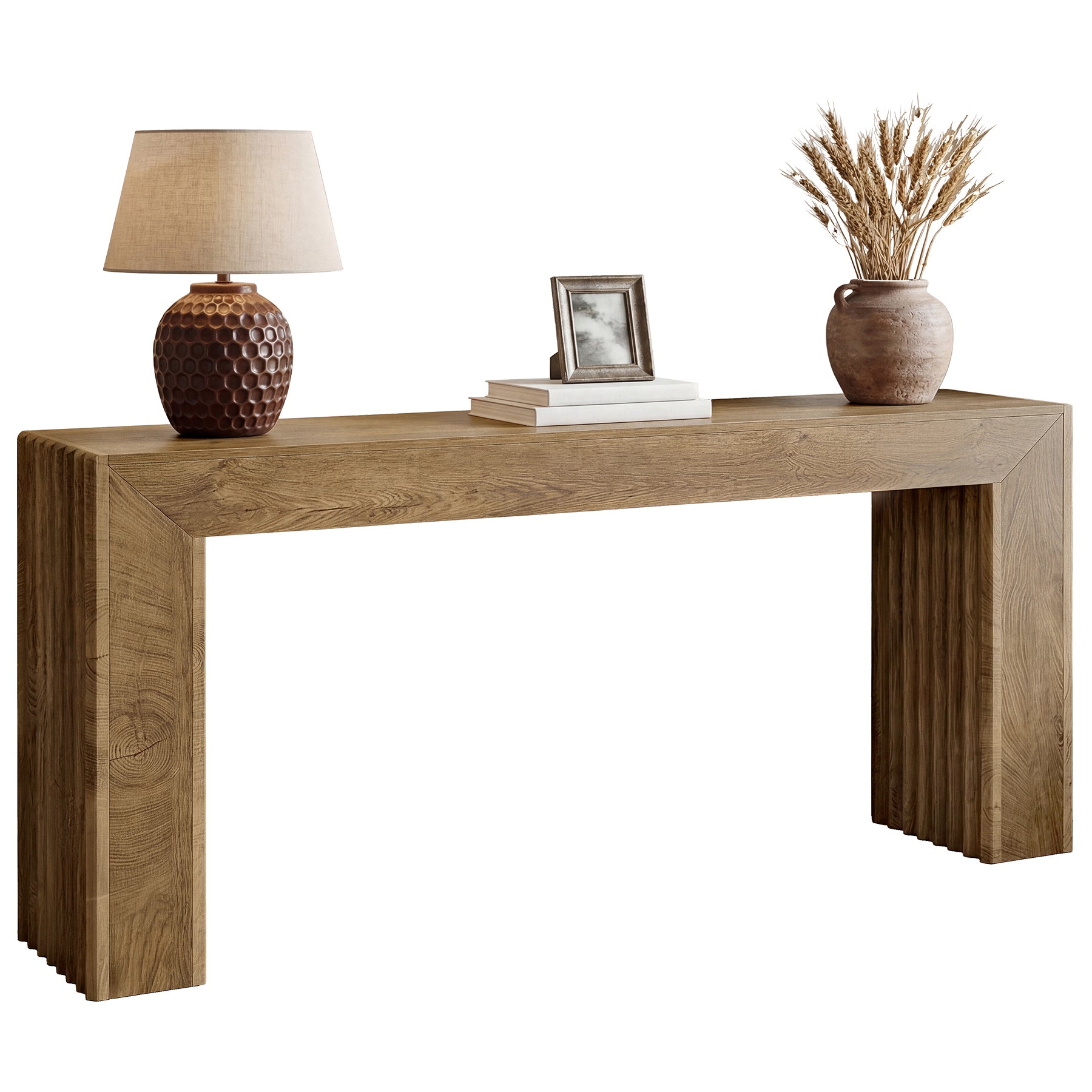 160 cm Entreetafel met Gefreesde Panelen, Smalle Haltafel met Kolompoten voor Hal en Woonkamer