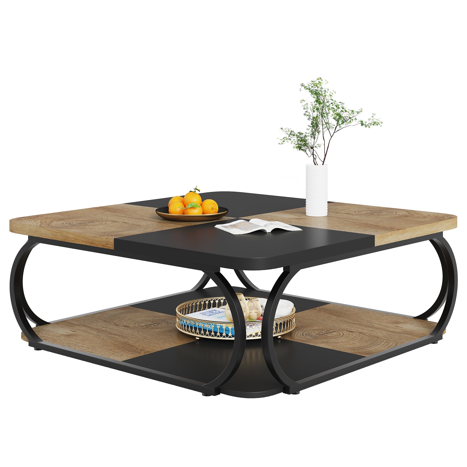 100 cm Vierkante Salontafel met Dubbele Planken, Landelijke Tafel met Metal Frame