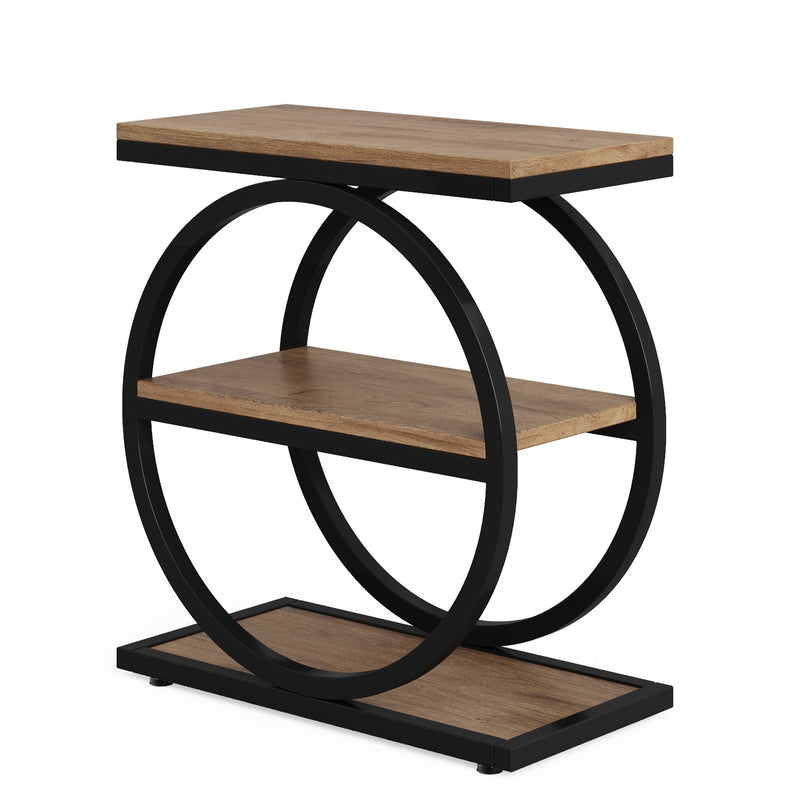 Industriële Bijzettafel met Drie Planken, Smalle Houten Zijtafel met Zwarte Metalen Frame