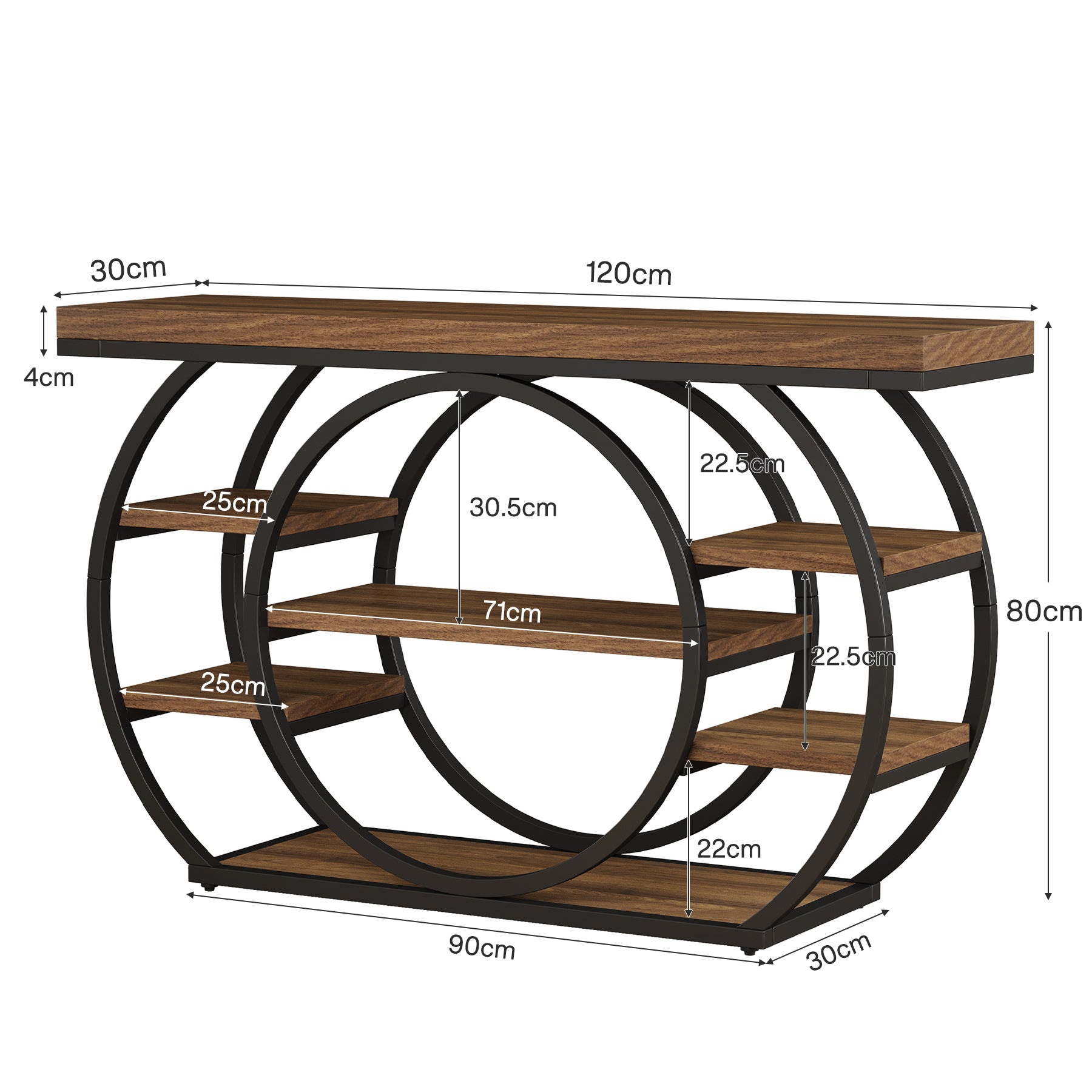 Consoletafel van 120 cm met 5 Lagen in Industrieel Design, Smalle Banktafel voor Woonkamer en Hal in Rustiek Bruin