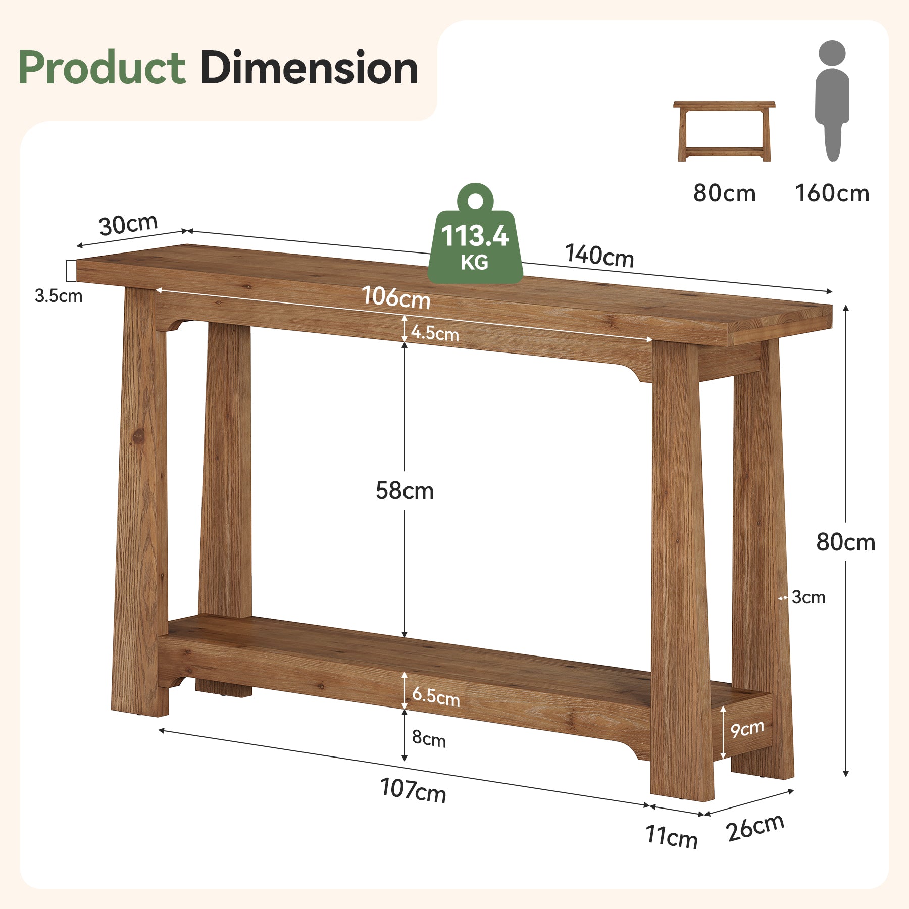 140 x 30 x 80 cm Tribesigns massief houten consoletafel met verdikt tafelblad, landelijke sidetable voor hal woonkamer en achter de bank