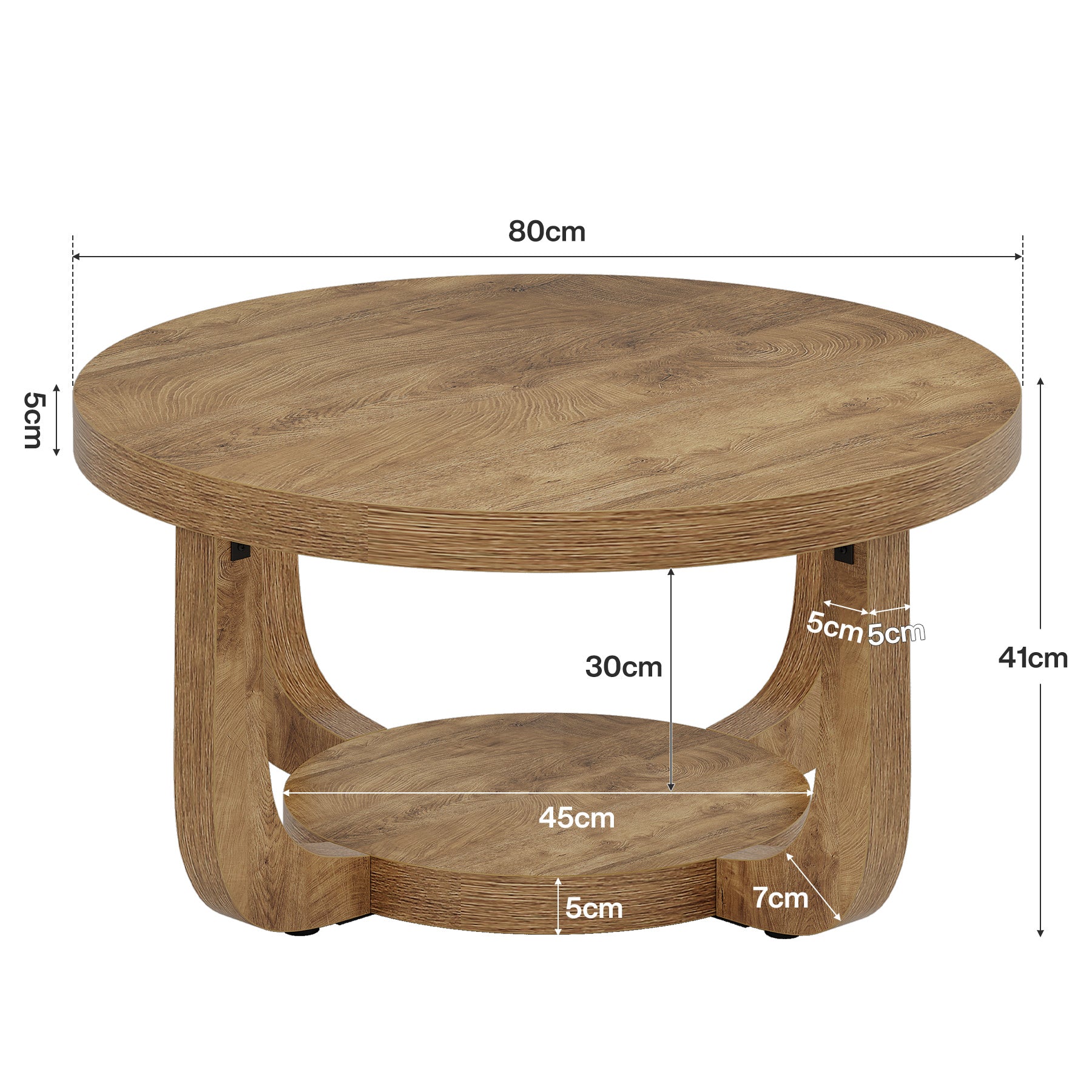 Ronde Salontafel van 80 cm met 2 Lagen en Opbergruimte, Moderne Houten Accenttafel in Rustiek Bruin voor Woonkamer