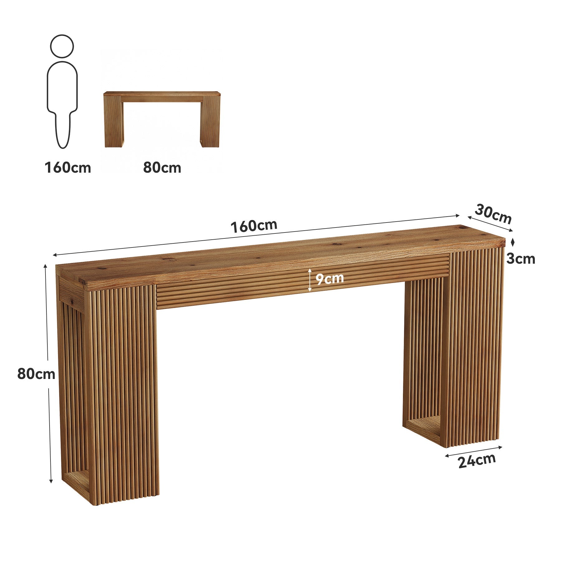 Tribesigns 160 cm Massief Houten Consoletafel, Smalle Haltafel met Geribbelde Poten