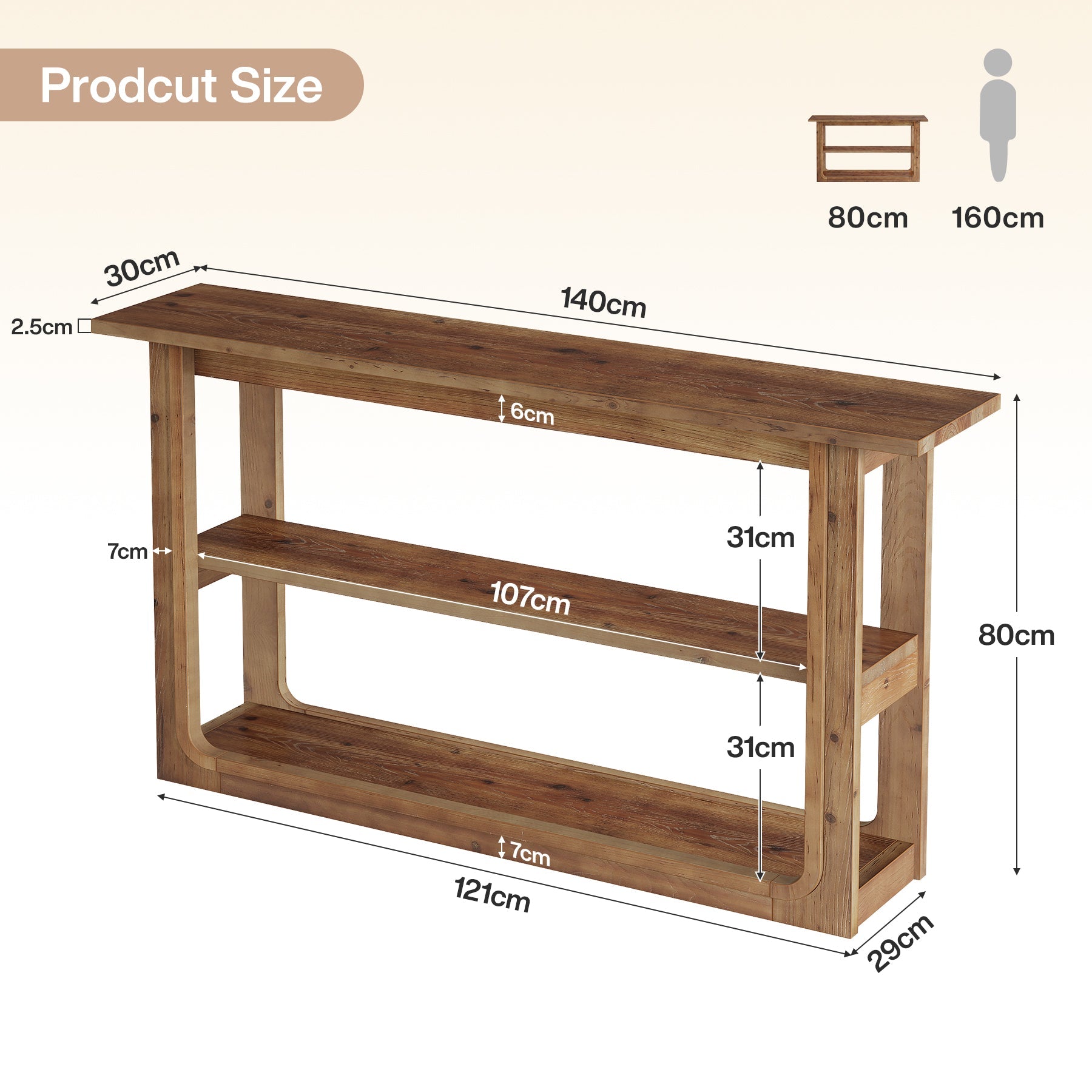 Tribesigns consolentafel van massief hout 140 cm, smalle gangtafel met 3 planken in landelijke stijl