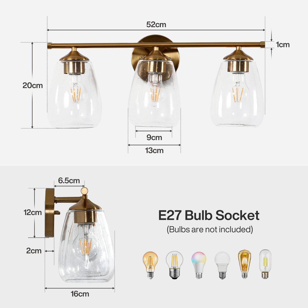 3-lichts Gouden Wandlamp met E27 Fitting, Moderne Spiegelverlichting met Glazen Kappen voor Badkamer en Hal