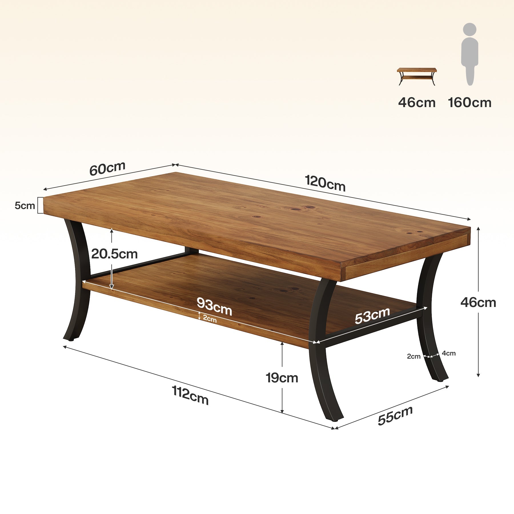 Tribesigns Massief Houten Salontafel 120 cm met Plank, 2-Laagse Woonkamertafel met Gebogen Metalen Poten