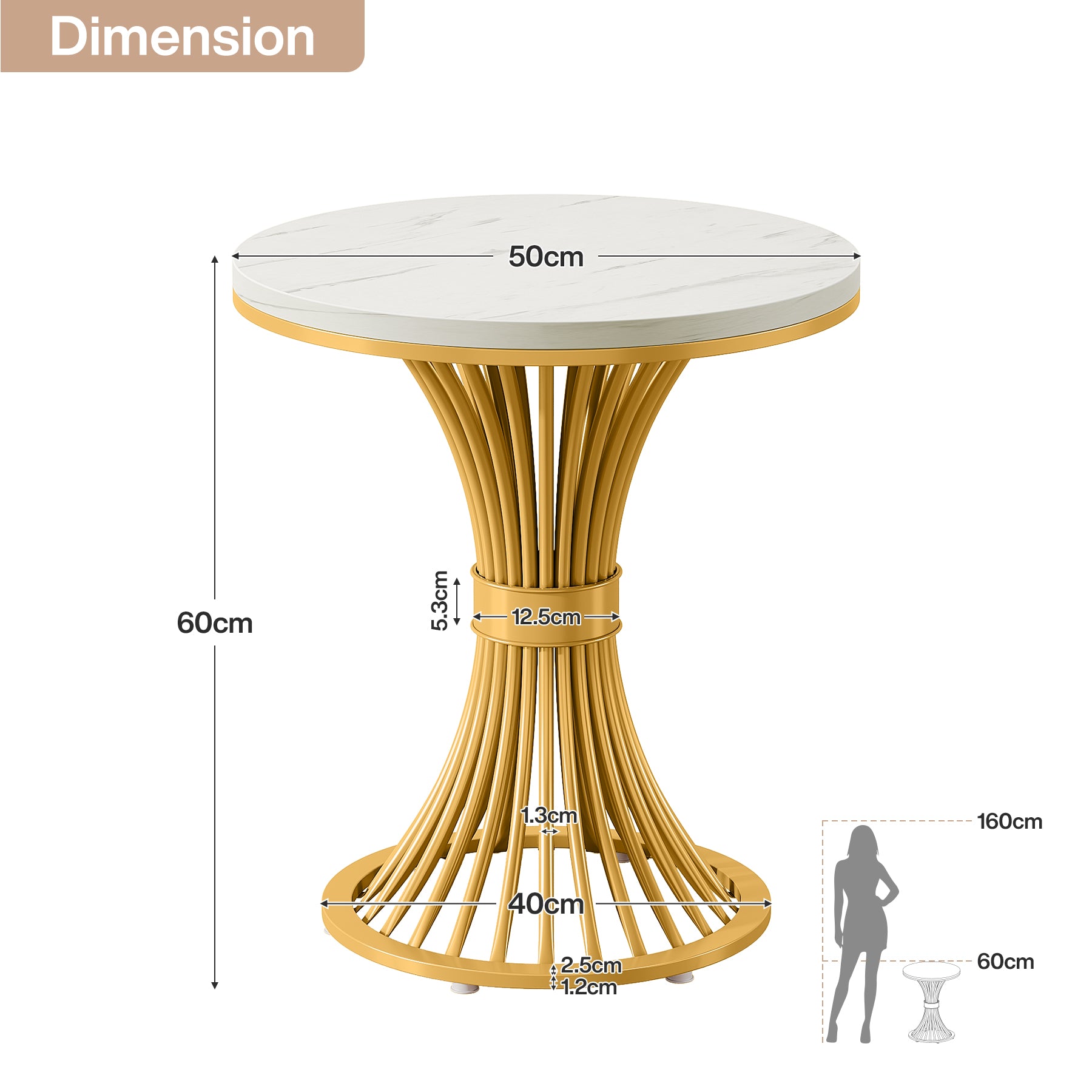 Tribesigns 20" Ronde Bijzettafel met Marmerlook Blad, Witte Bijzettafel met Goudkleurig Metalen Onderstel