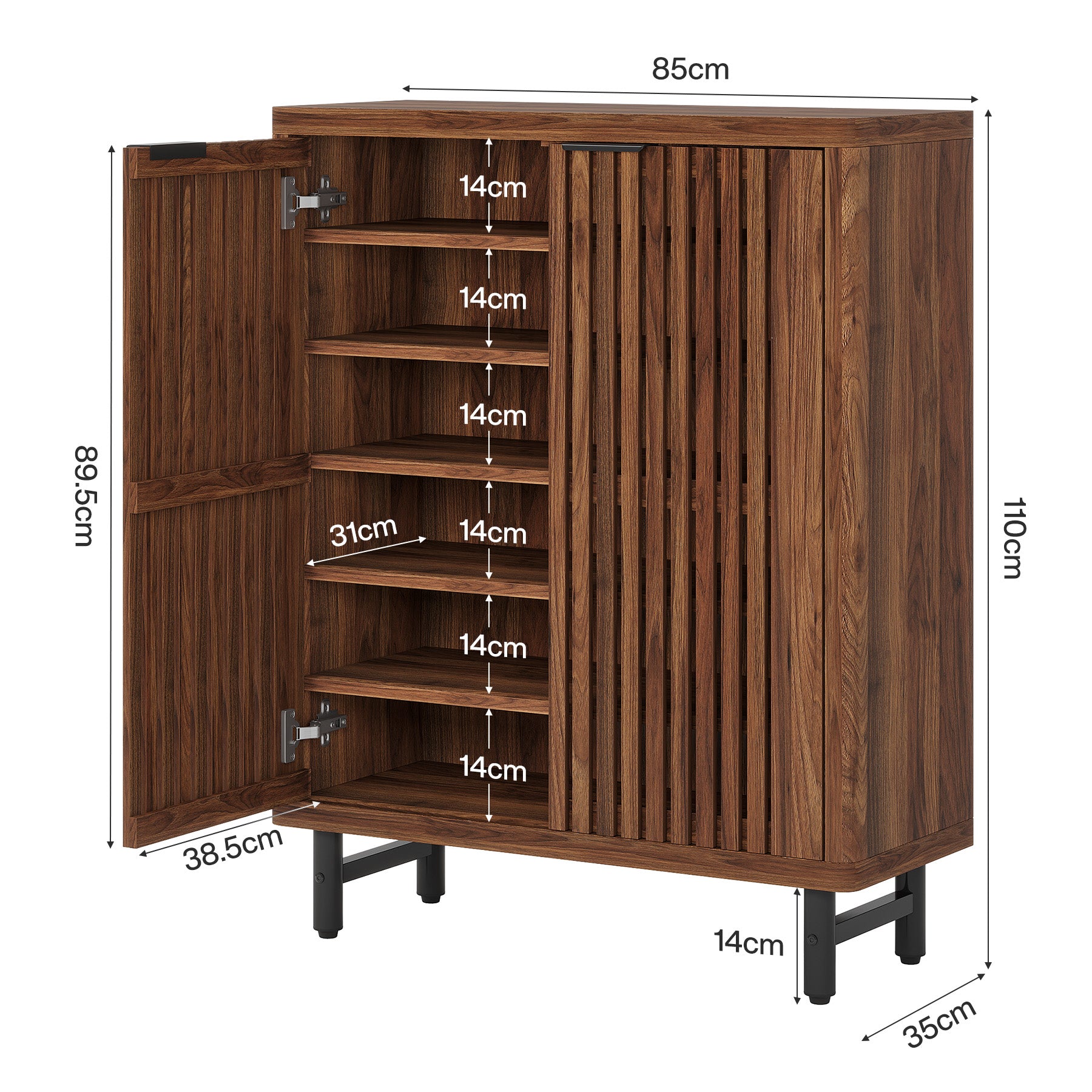 110 cm Retro Schoenenkast, Zes Planken Opbergmeubel met Verstelbare Schappen