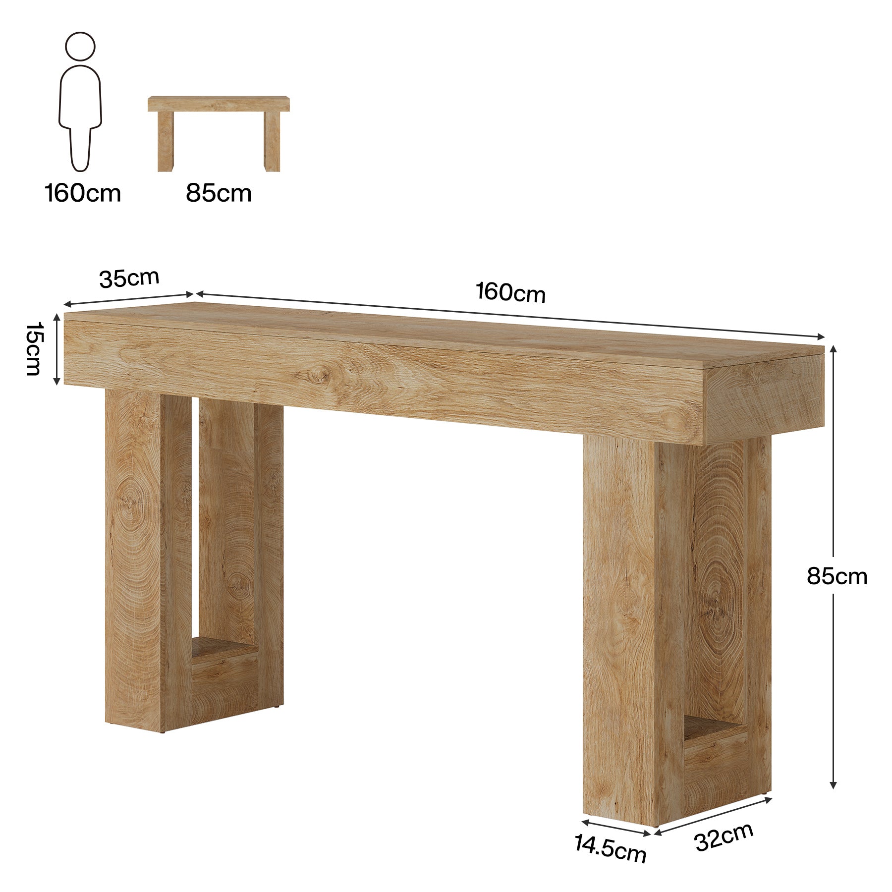 160 cm Landelijke Consoletafel, Natuurhouten Salontafel voor Hal en Woonkamer