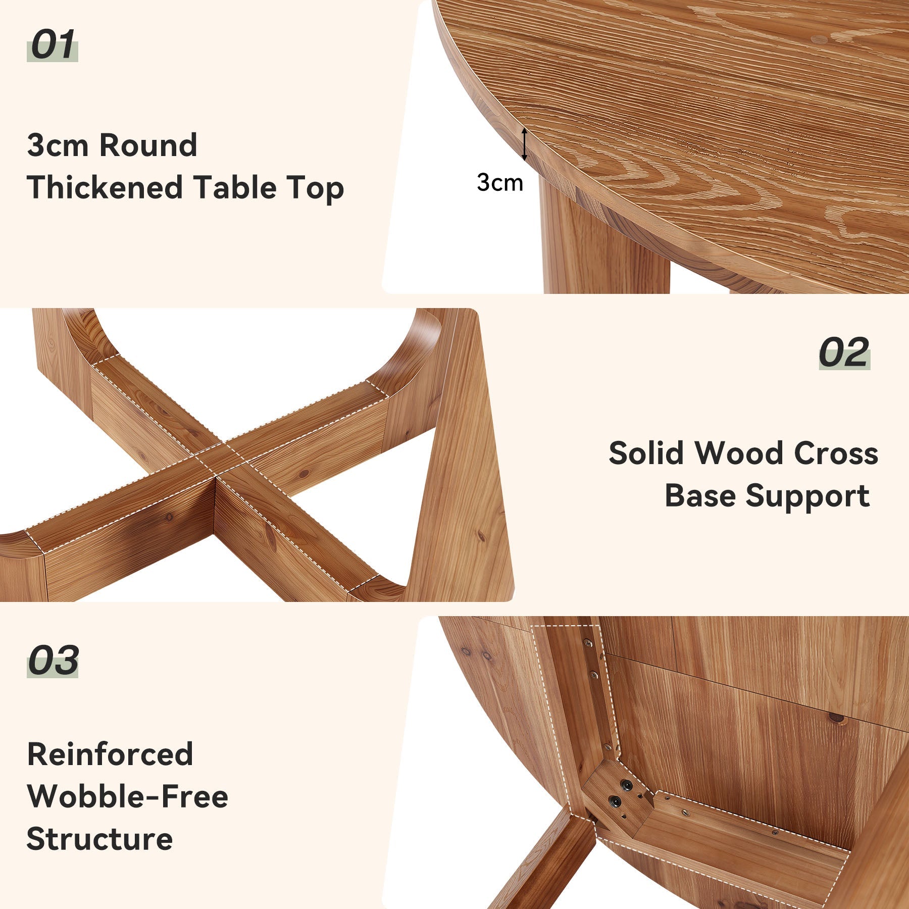 Tribesigns ronde massief houten eettafel 100 cm voor 2–4 personen, landelijke keukentafel met stevig kruisvormig onderstel