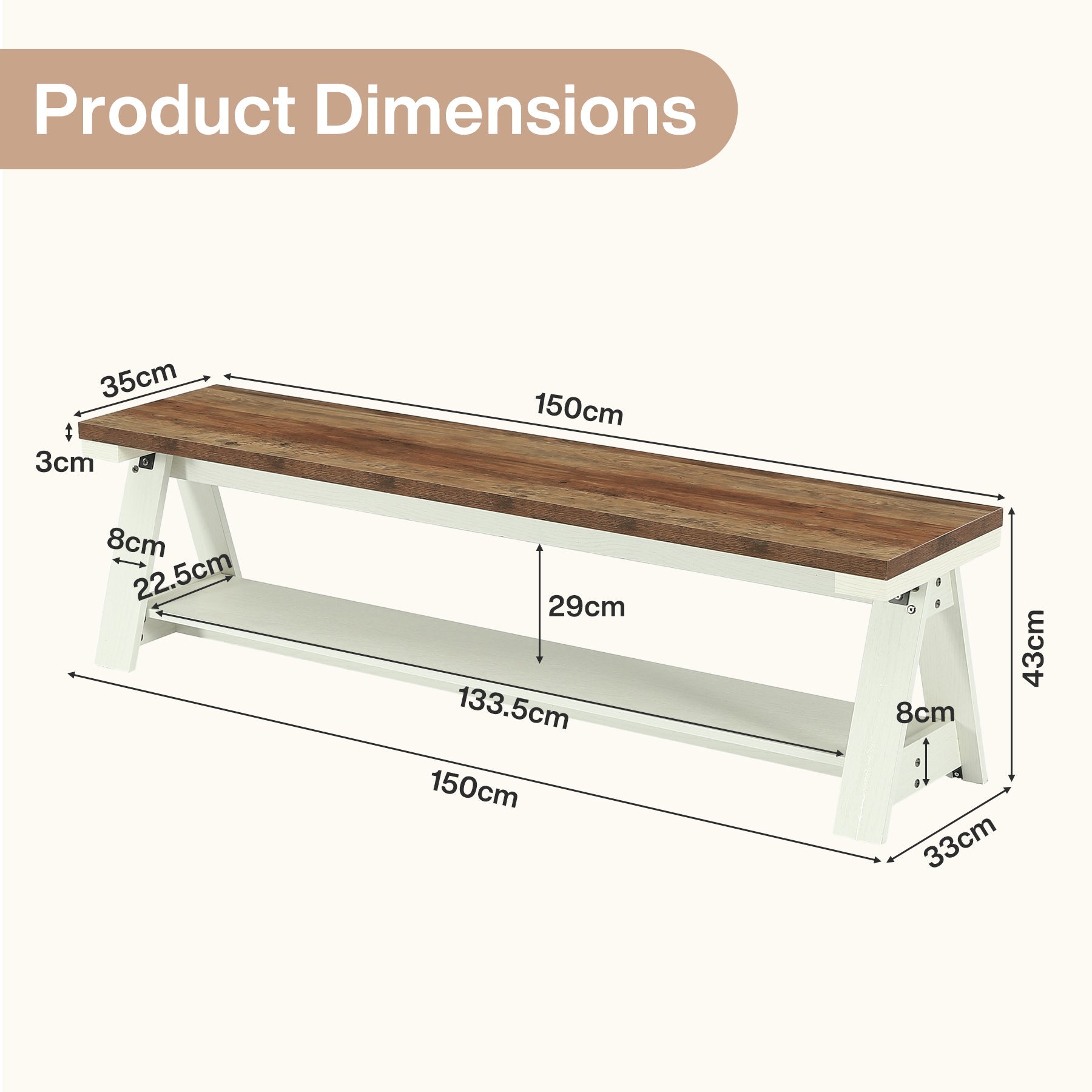 Tribesigns Houten Zitbank 150 cm met Plank, Halbank en Bedbank met 2 Niveaus
