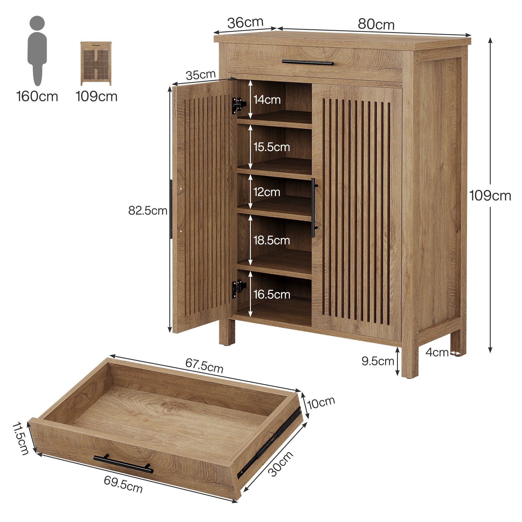 Smal Schoenenmeubel 80 cm, Verstelbare Kast Met 5 Planken En Lamellendeuren