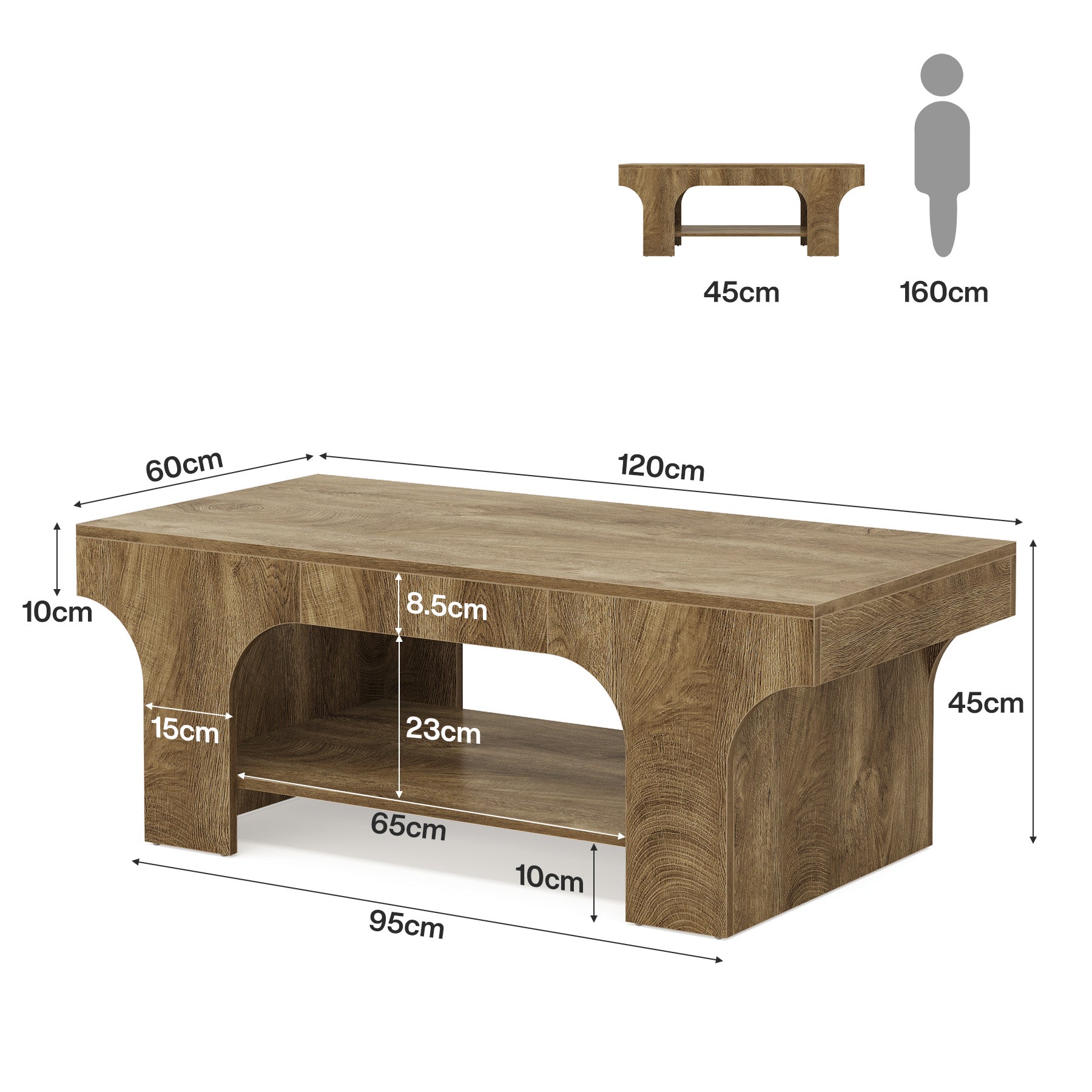 120 cm Rechthoekige Salontafel met 2 Niveaus, Landelijke Houten Tafel met Opbergruimte voor Woonkamer