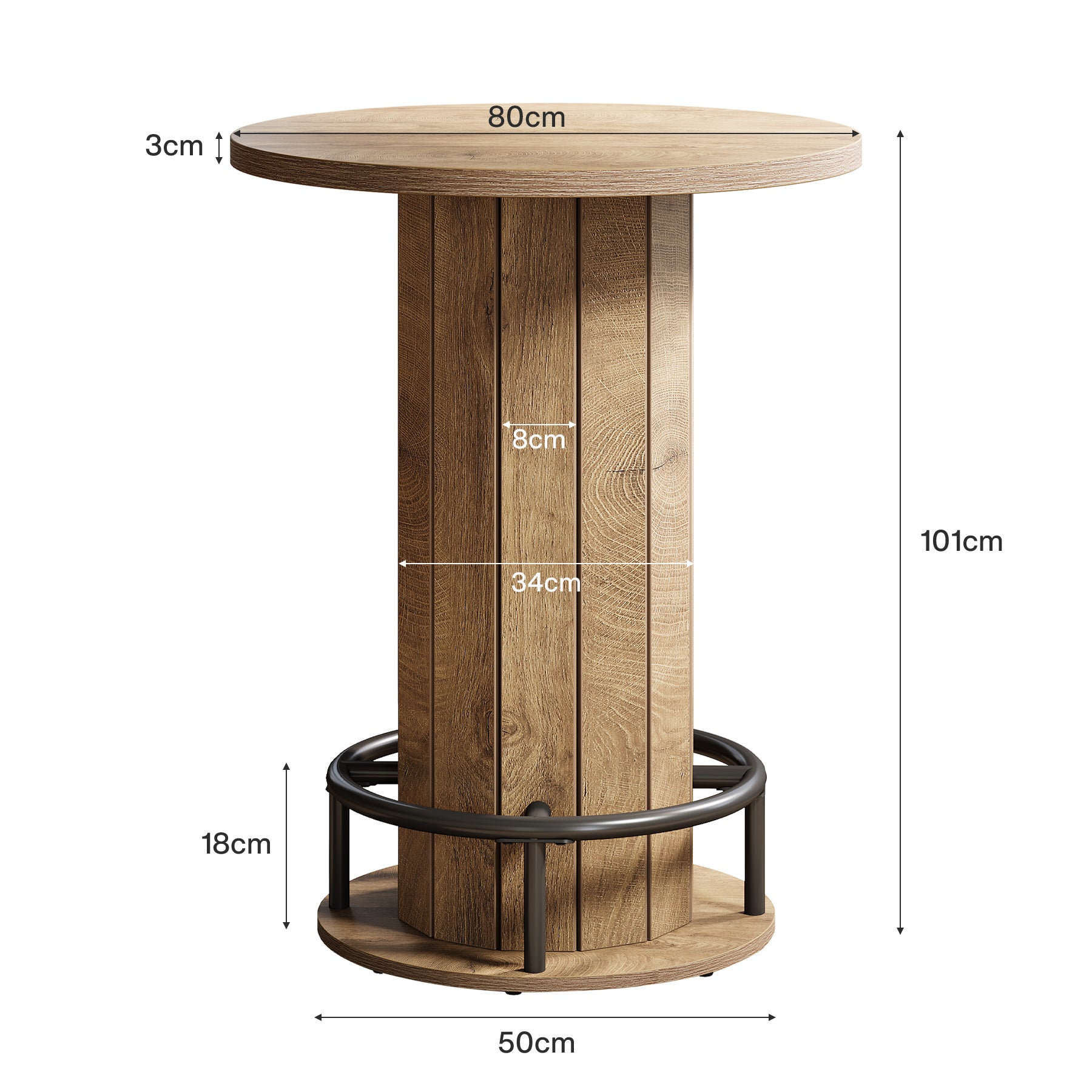 80 cm Industriële Bartafel met Houten Lattenvoet en Voetsteun