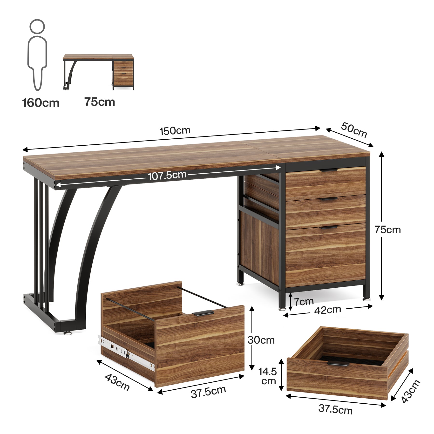 150 cm Met 3 Laden, Make-up Bureau Met Ombouwbare Opbergruimte
