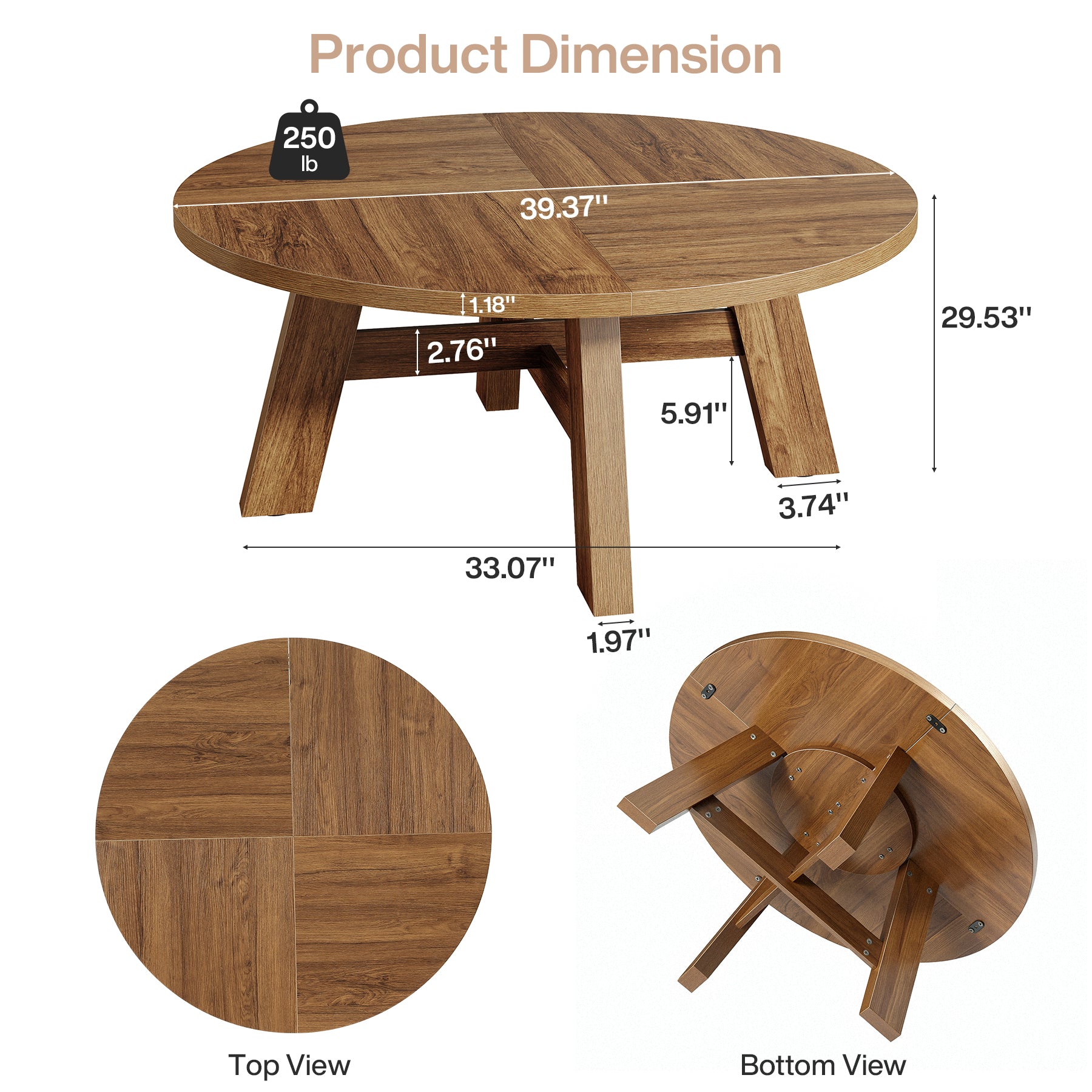 100 cm Ronde Midden-Eeuwse Moderne Salontafel met Kruisversteviging, Lage Houten Center Tafel