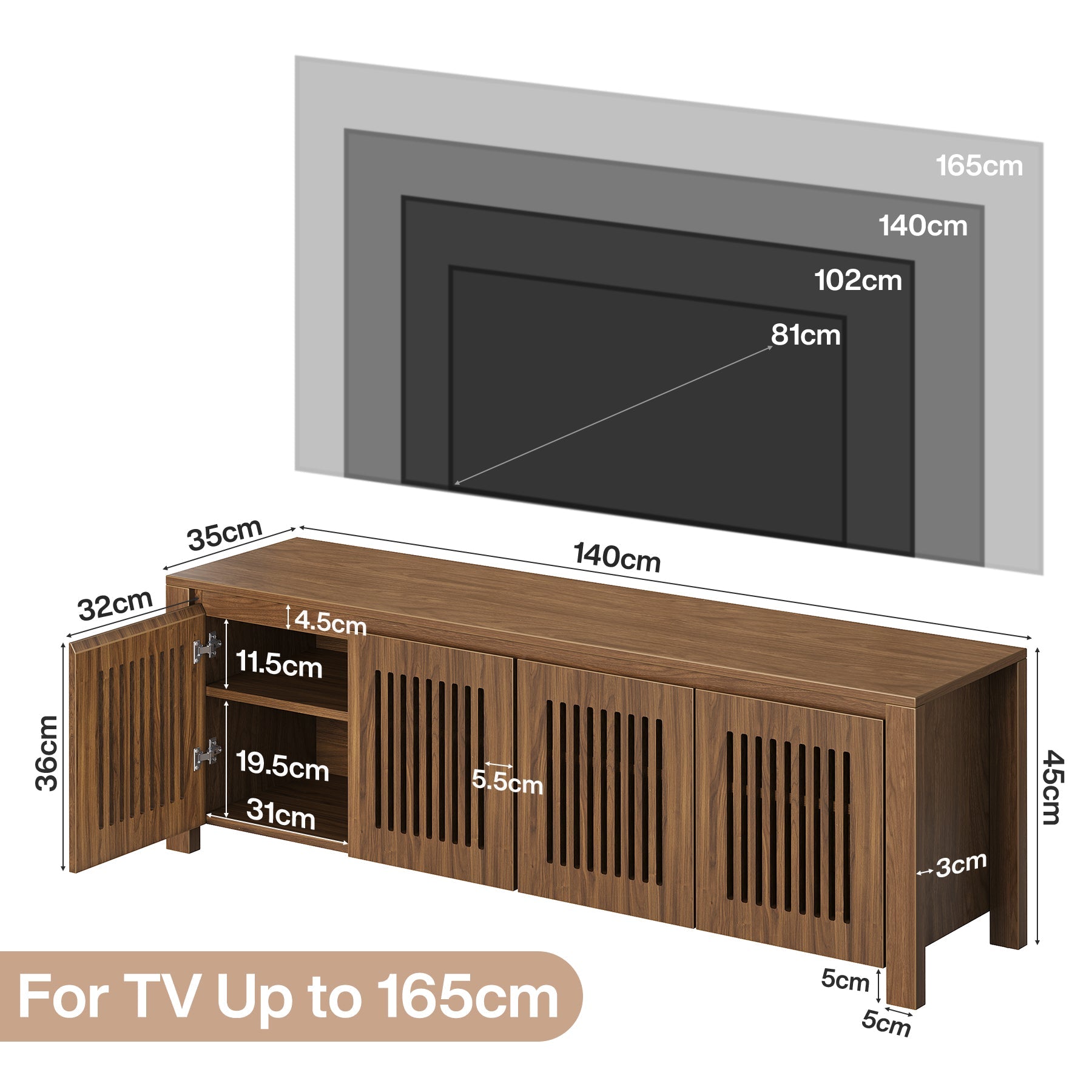 Tribesigns 140 cm TV-Meubel voor TV's tot 65 Inch, TV-Kast met Lamellendeuren en 8 Opbergvakken