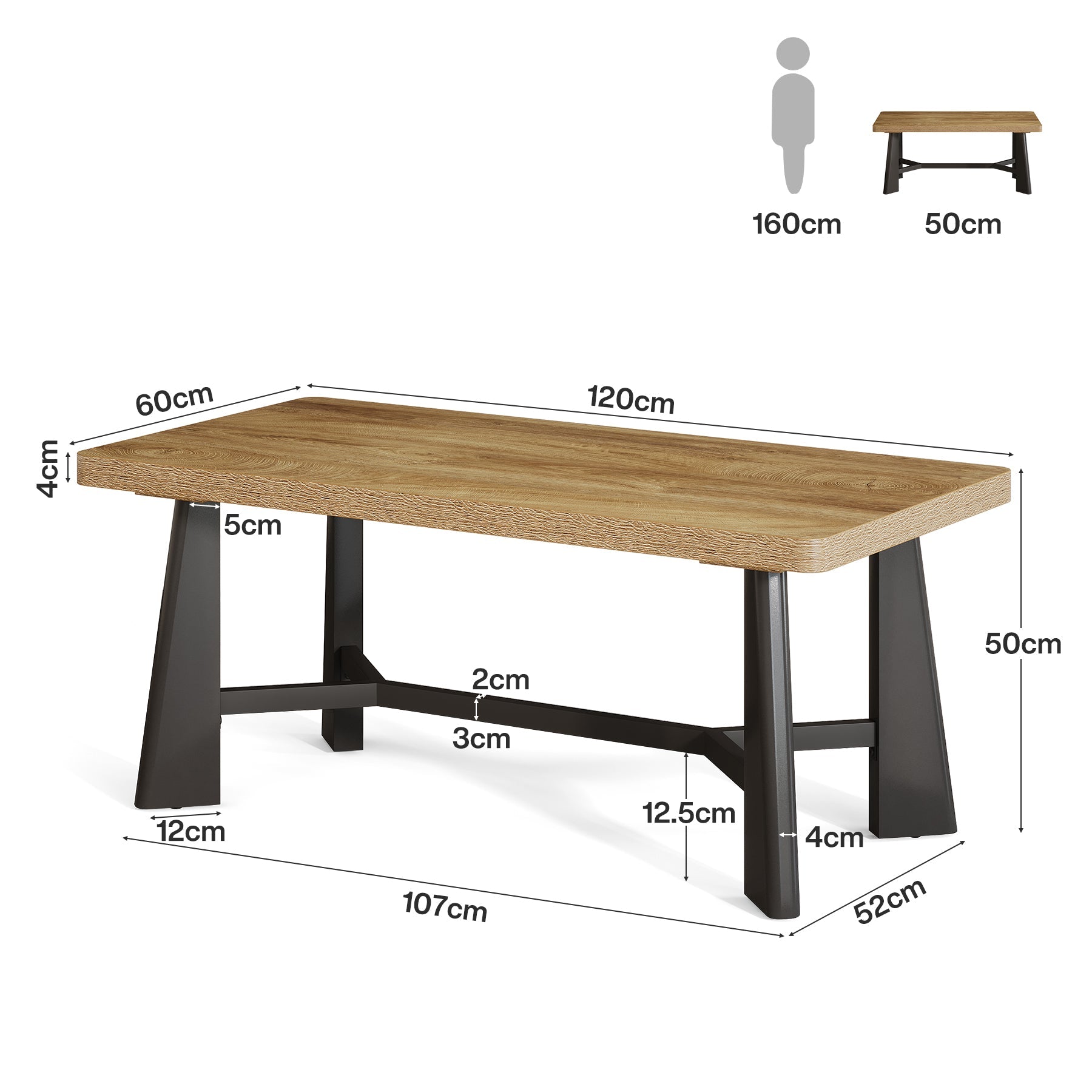 Tribesigns salontafel 120 × 60 cm, rechthoekige woonkamertafel met metalen onderstel
