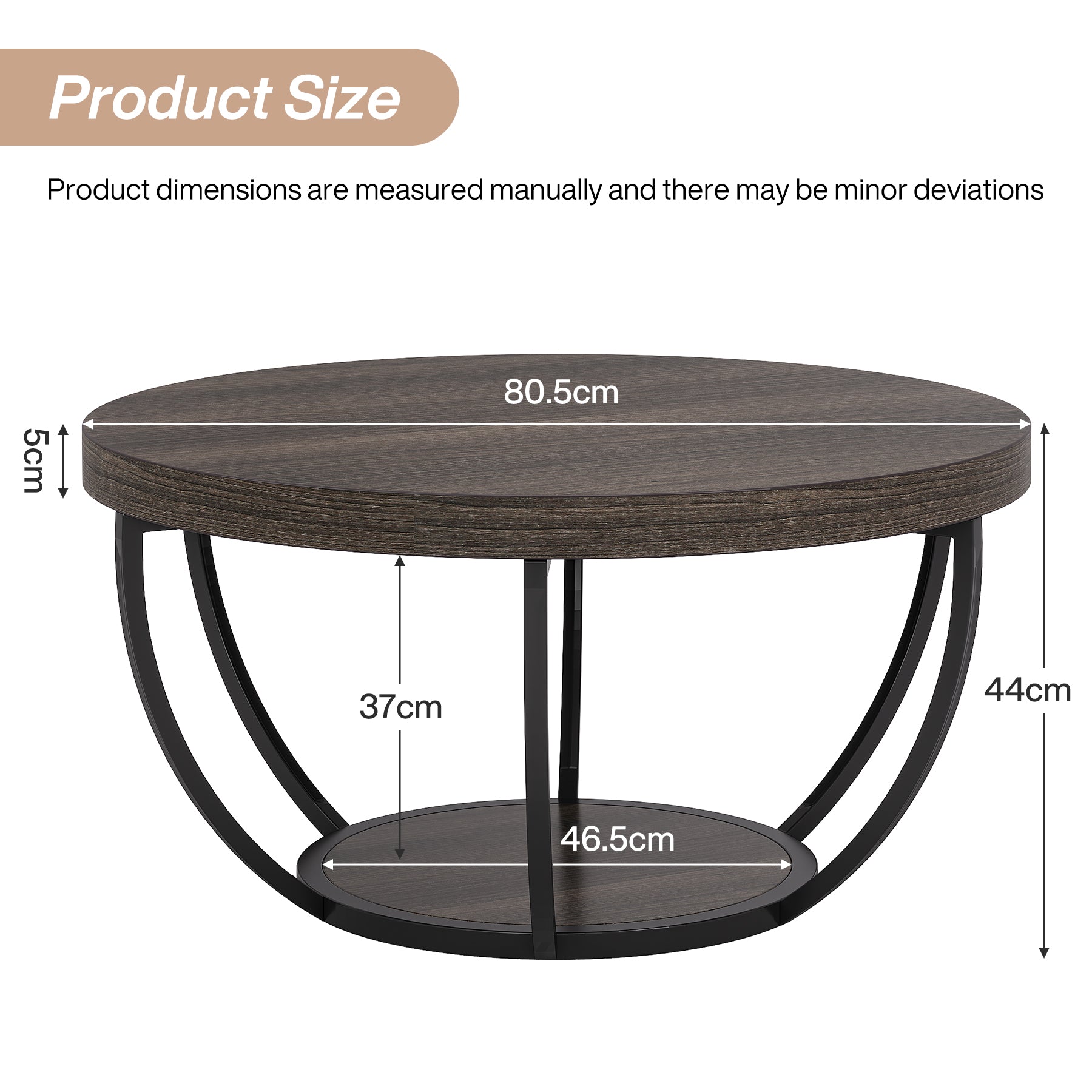 80,5 cm Ronde Industriële Salontafel, Tweelaags Middentafel in Rustiek Bruin en Zwart