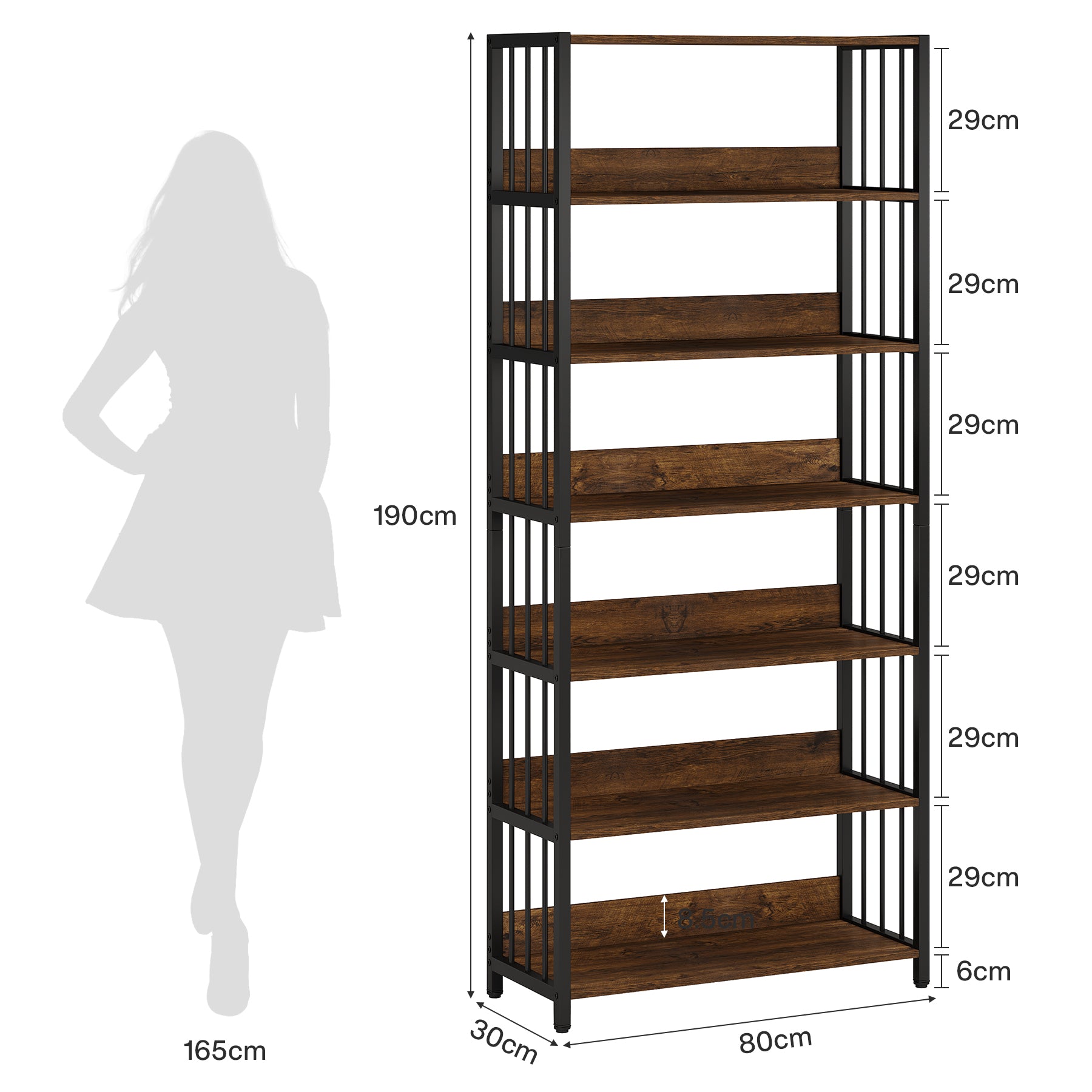 190 cm Boekenkast met 6 Planken, Industriële Metalen Kast voor Elke Ruimte