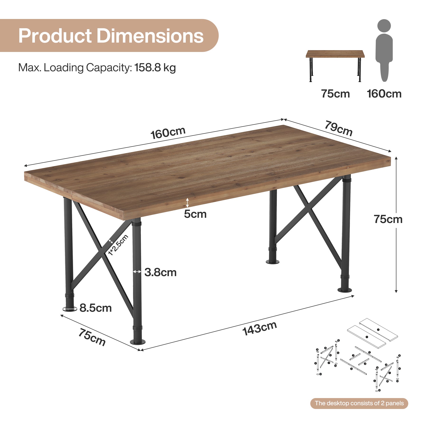 Massief houten bureau 160 × 80 cm, computertafel met X-vormig metalen onderstel voor het thuiskantoor