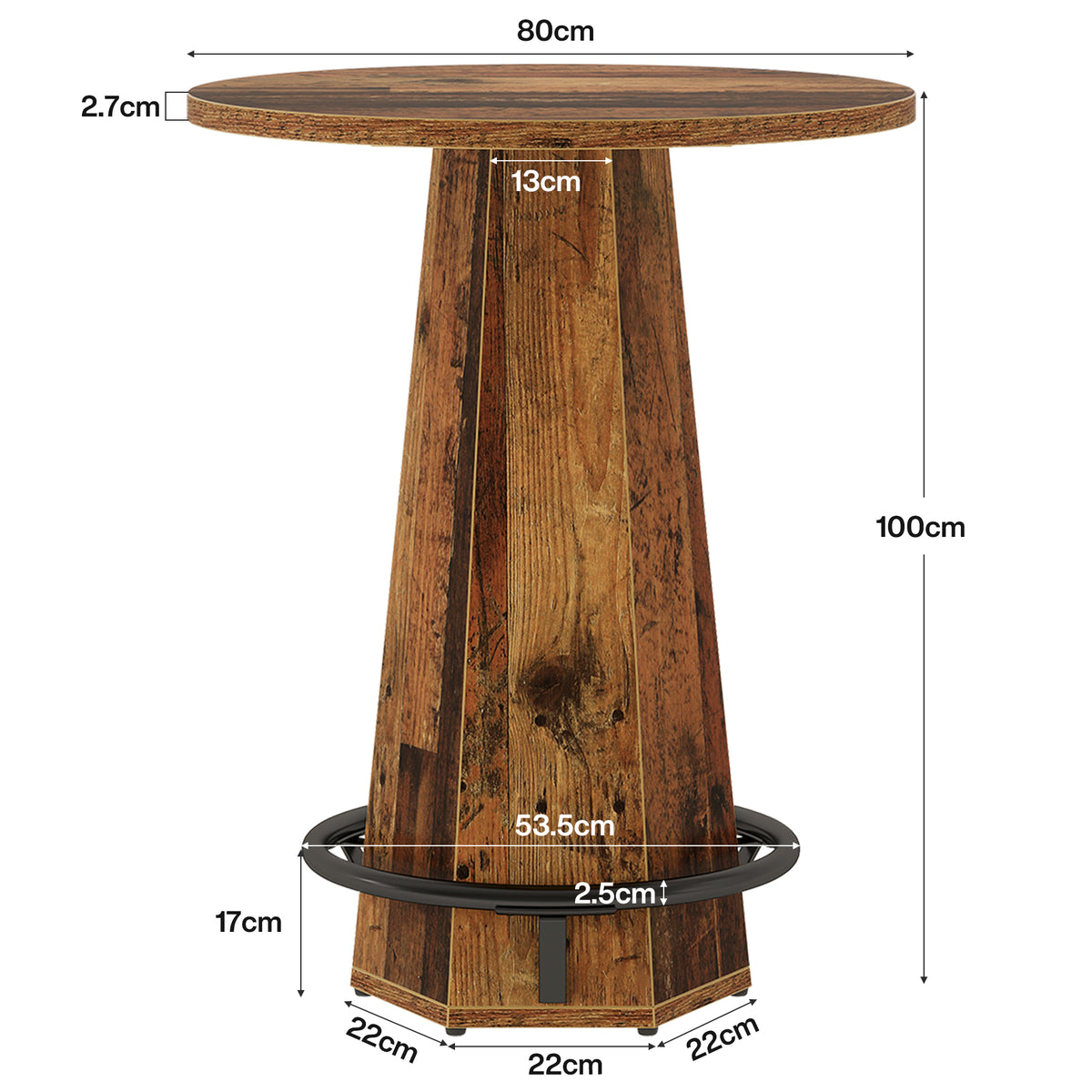 100 cm Ronde Bartafel voor 2 Personen, Industriële Eettafel met Voetenring
