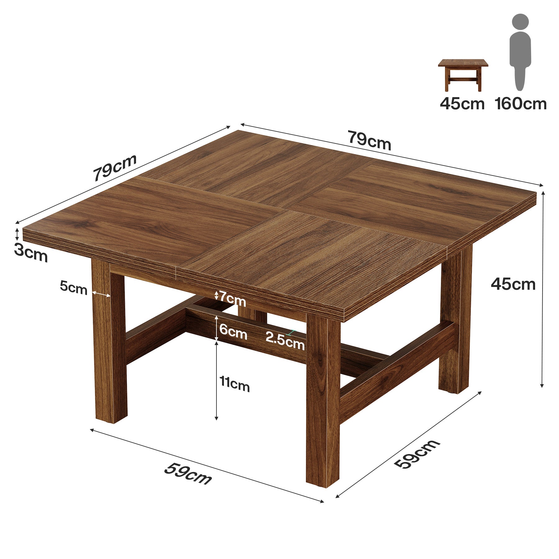 Tribesigns vierkante salontafel 79 cm, woonkamertafel met stevige poten en ruim tafelblad