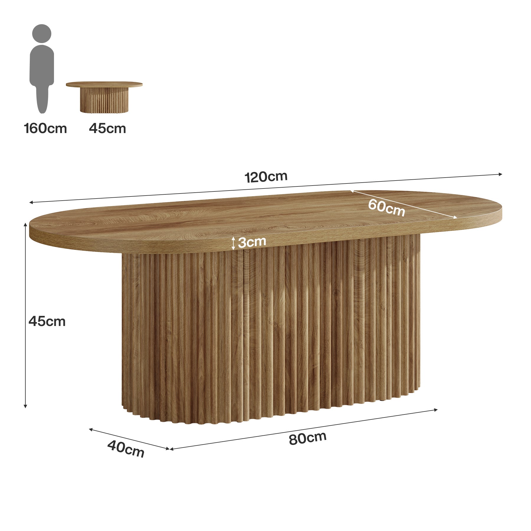 120 cm Ovale Salontafel in Landelijke Stijl, Houten Centertafel met Geribbelde Afwerking