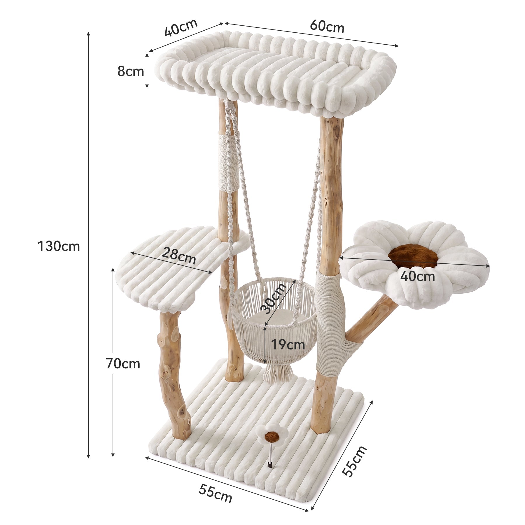 Tribesigns kattenboom van massief hout – 130 cm krabpaal met hangmat, ligvlakken en wasbare kussens