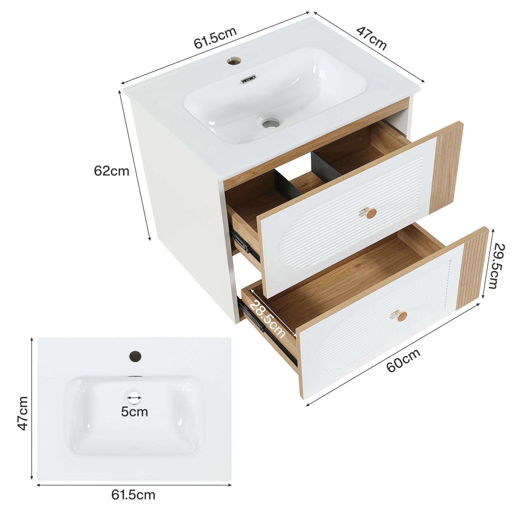 Tribesigns wastafelmeubel met keramische wastafel 60 cm, wandhangende wastafelonderkast met 2 softclose-lades