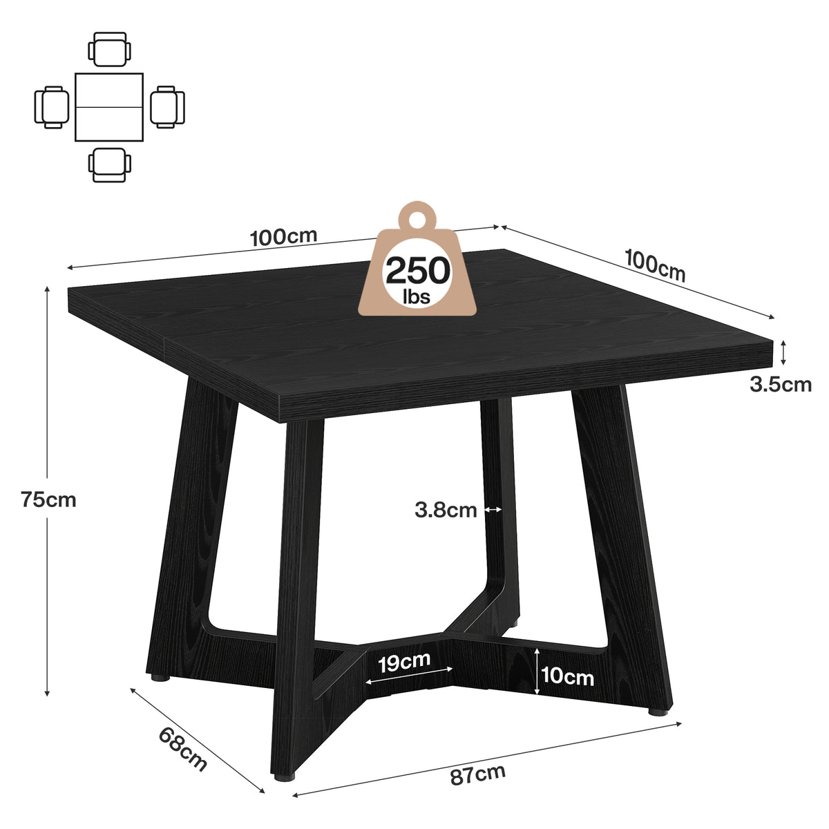 Tribesigns 100 cm vierkante eettafel voor 2-4 personen met zwarte afwerking en trapeziumpoten