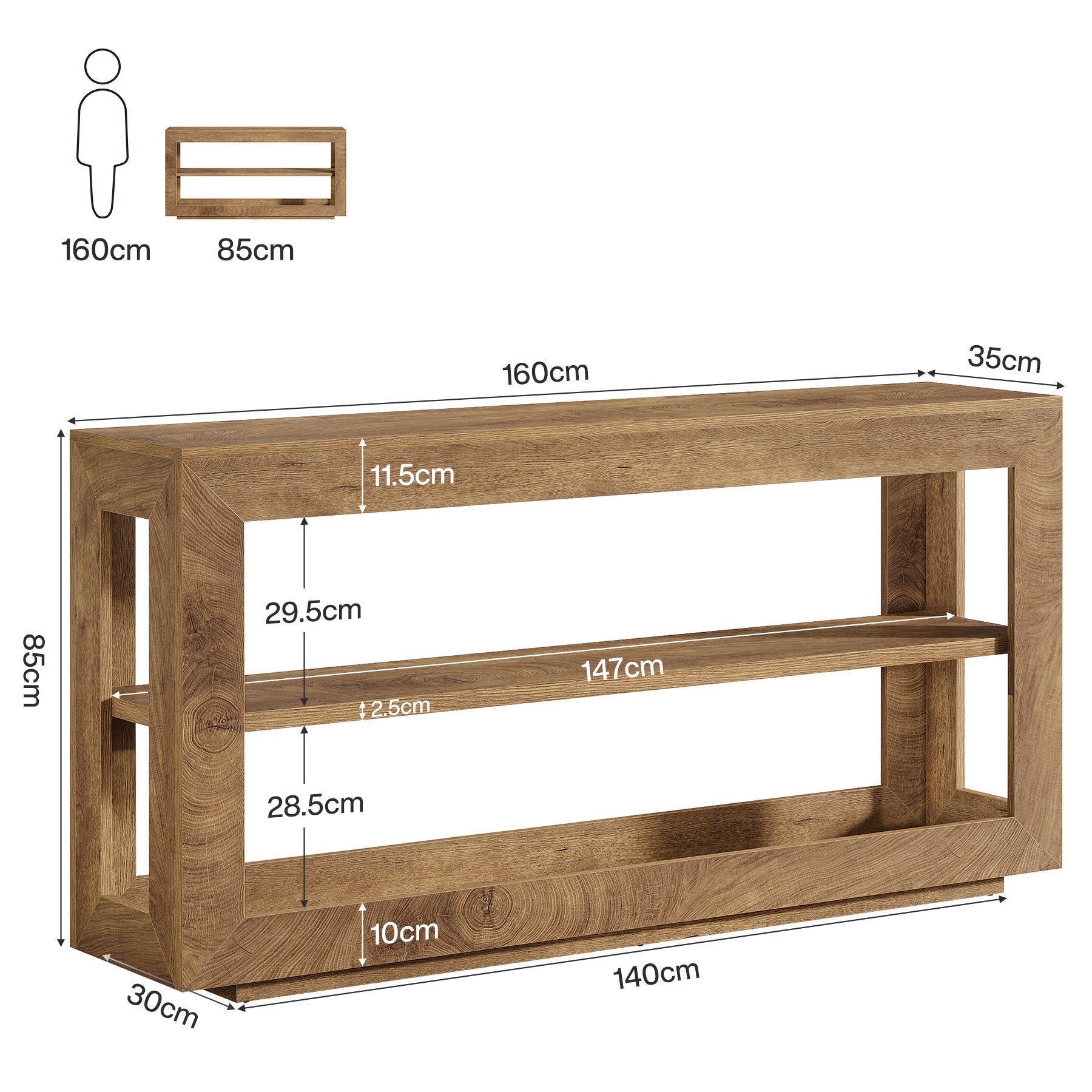 160 cm Consoletafel met 3 Lagen Opslag, Landelijke Haltafel voor Woonkamer Gang Bruin