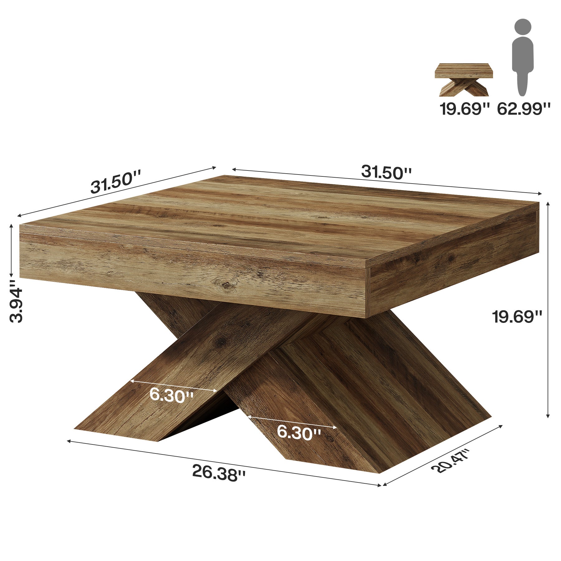 80 x 80 cm Tribesigns Vierkante Salontafel, Houten Farmhouse Tafel met X-Kruis Onderstel voor Woonkamer en Kleine Ruimtes