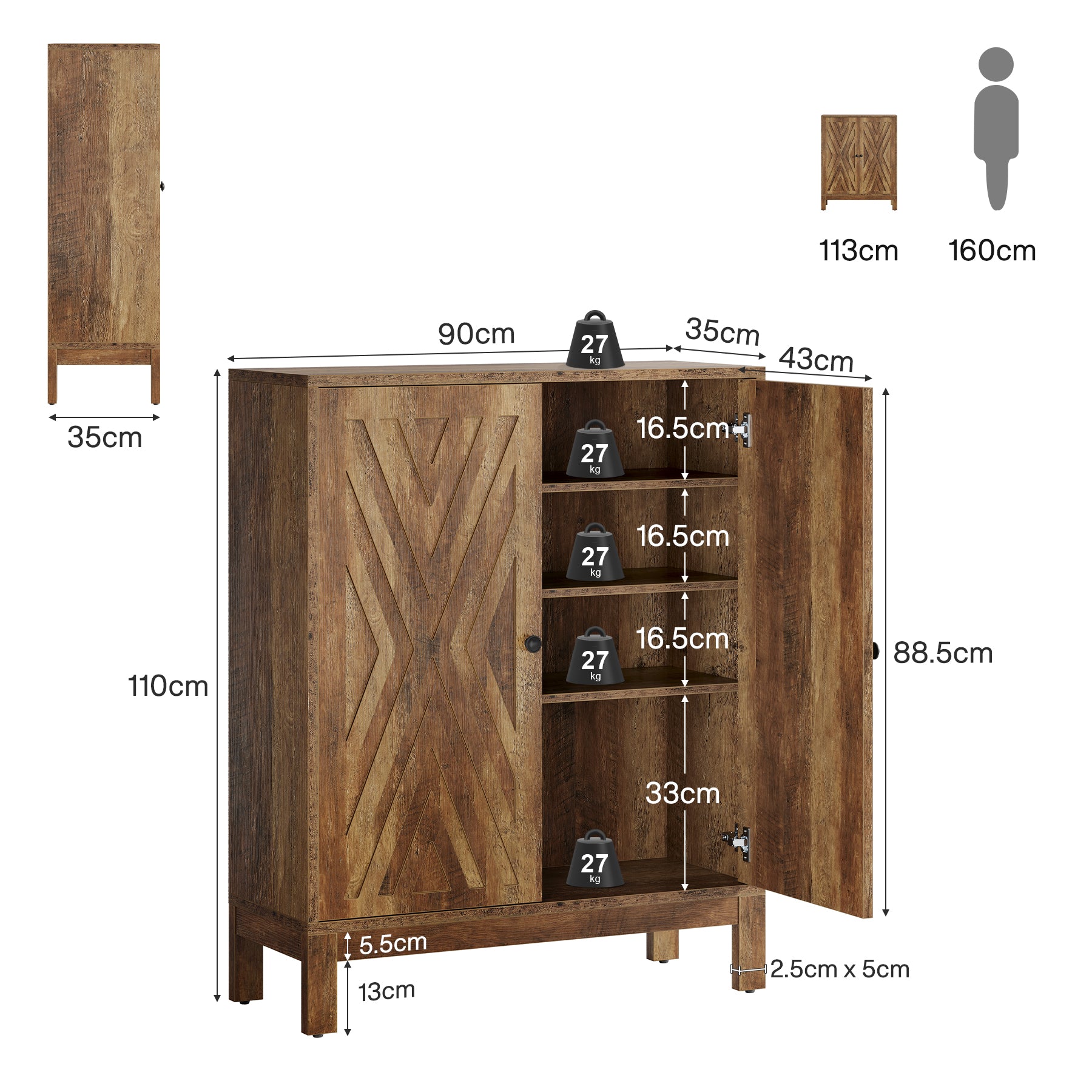 110 cm Schoenenkast met Verstelbare Planken, Vrijstaand Schoenenrek voor Hal of Woonkamer