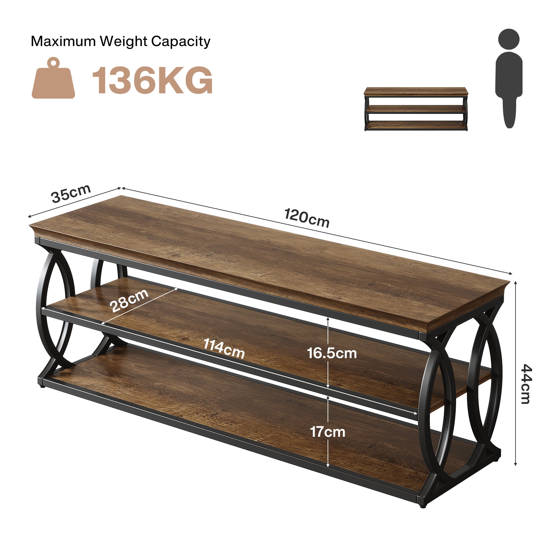 120 cm Schoenenbank, 3-Laags Schoenenrek met Metalen Frame