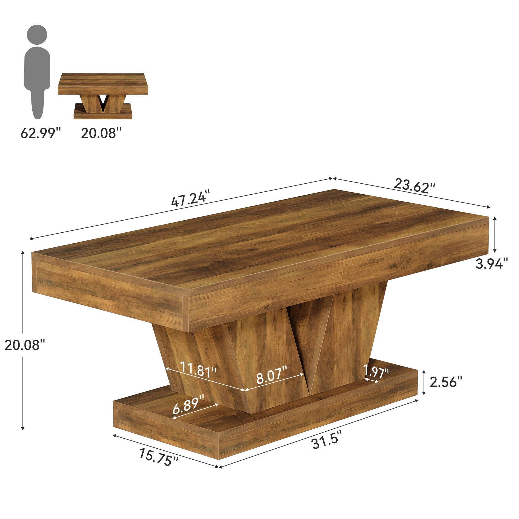120 cm Landelijke Rechthoekige Salontafel, Houten Middenstijl met Sculpturale Onderstel