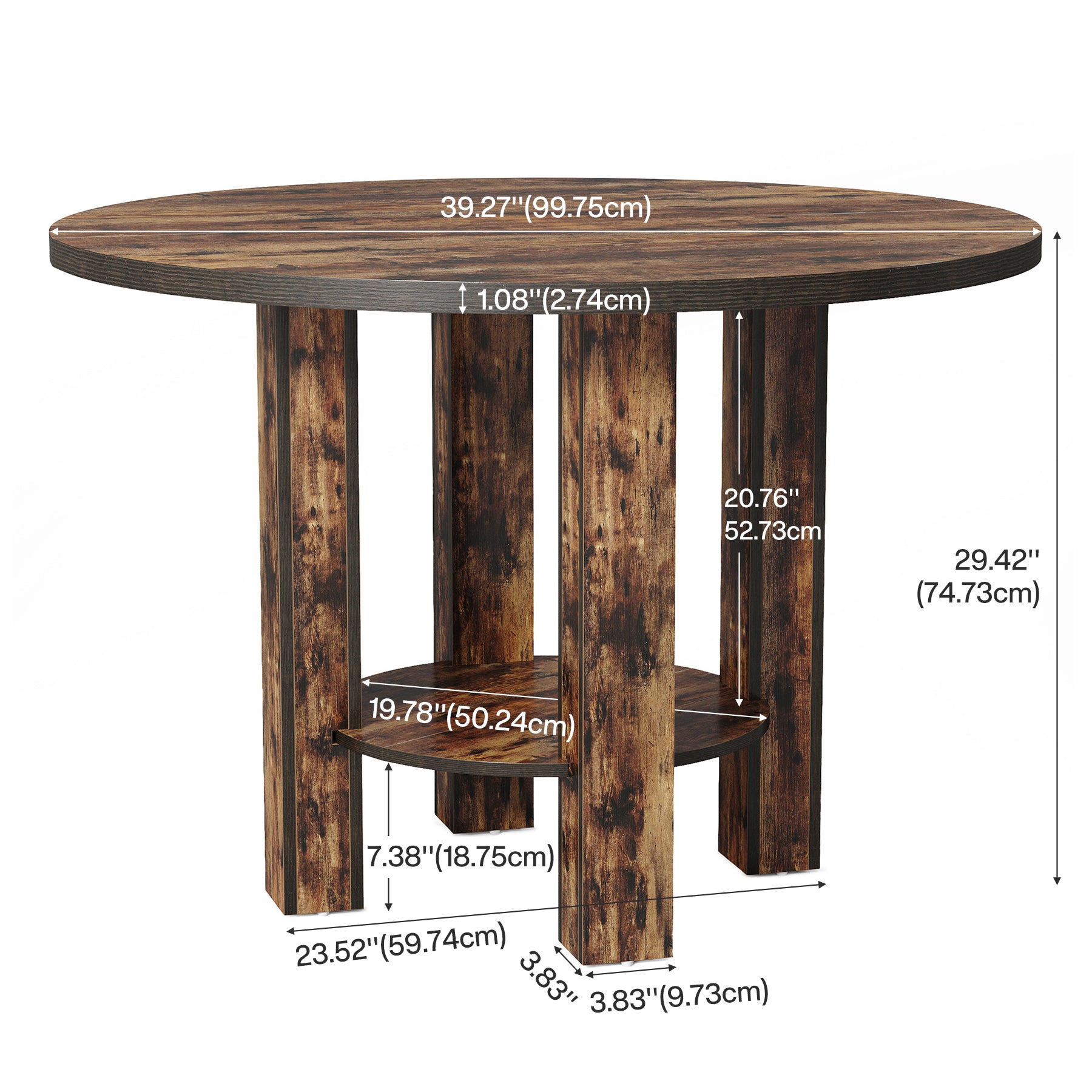 99 cm Ronde Eettafel voor 4 Personen, Landelijke Keukentafel met 2-Laags Opbergrek in Rustiek Bruin