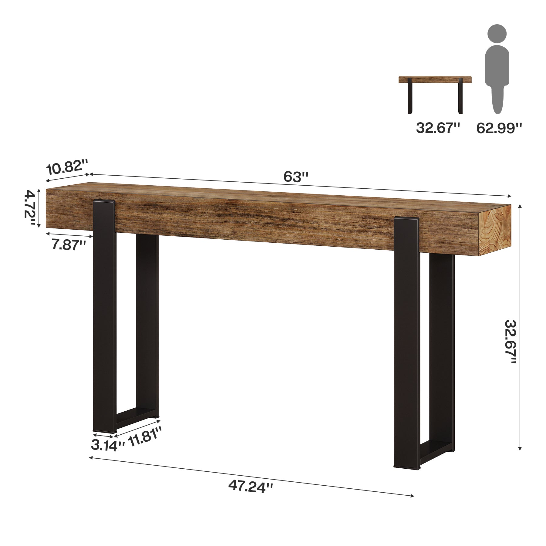 160 x 30 cm Tribesigns massief houten consoletafel met metalen steunpoten, smalle sidetable voor hal entree woonkamer en achter de bank
